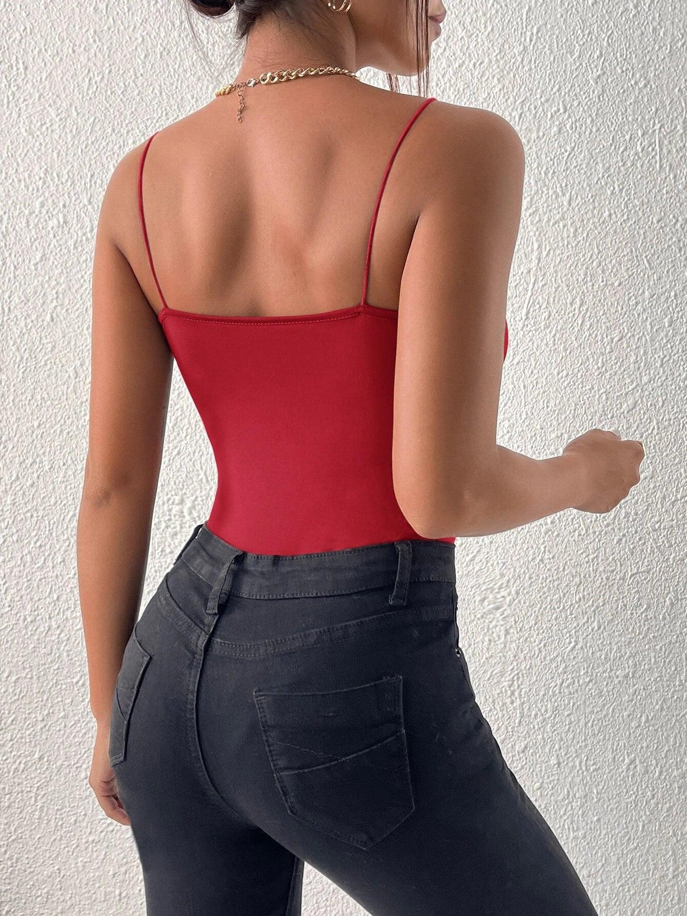 Solid Plunging Neck Cami Bodysuit-Comfy Jumpsuits