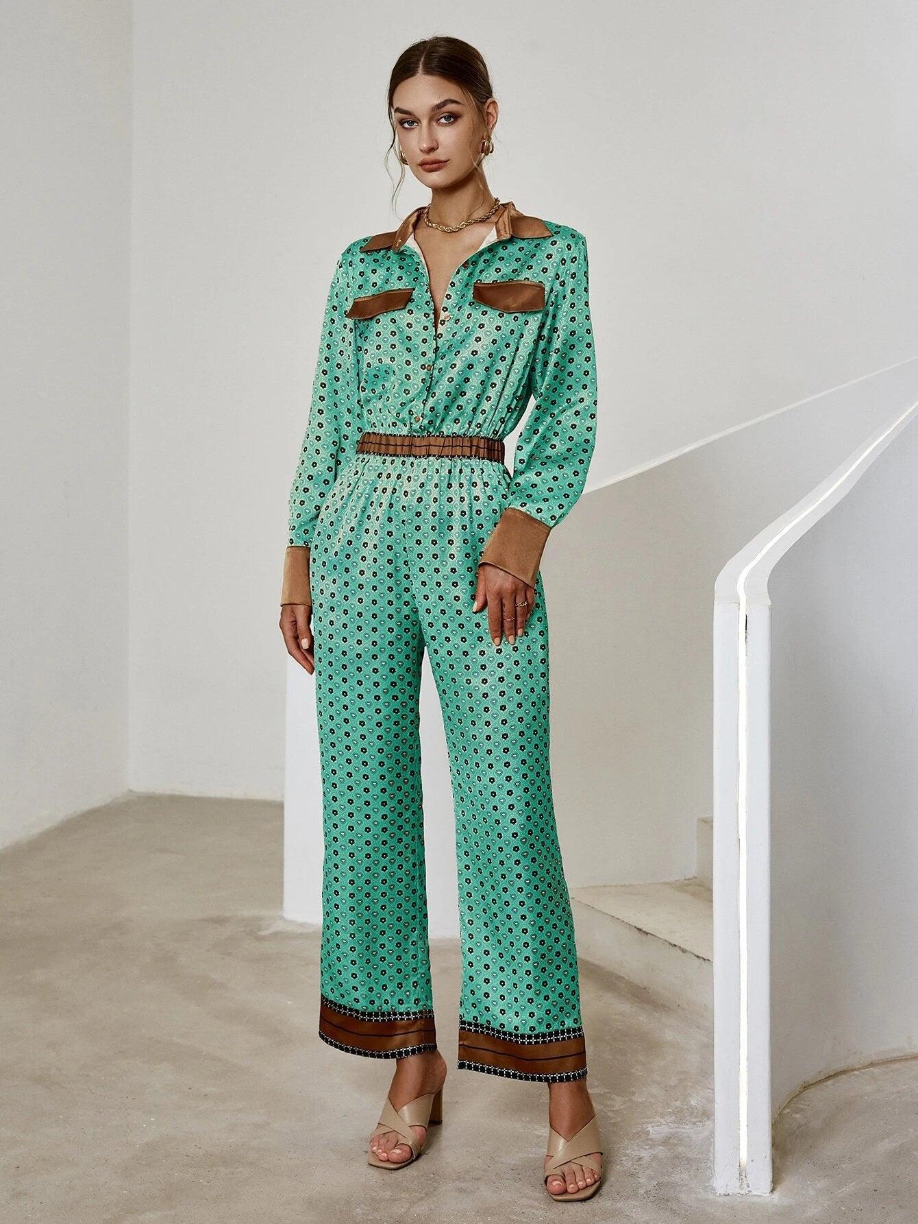 Allover Print Shirt Jumpsuit-Comfy Jumpsuits