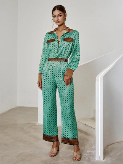 Allover Print Shirt Jumpsuit-Comfy Jumpsuits