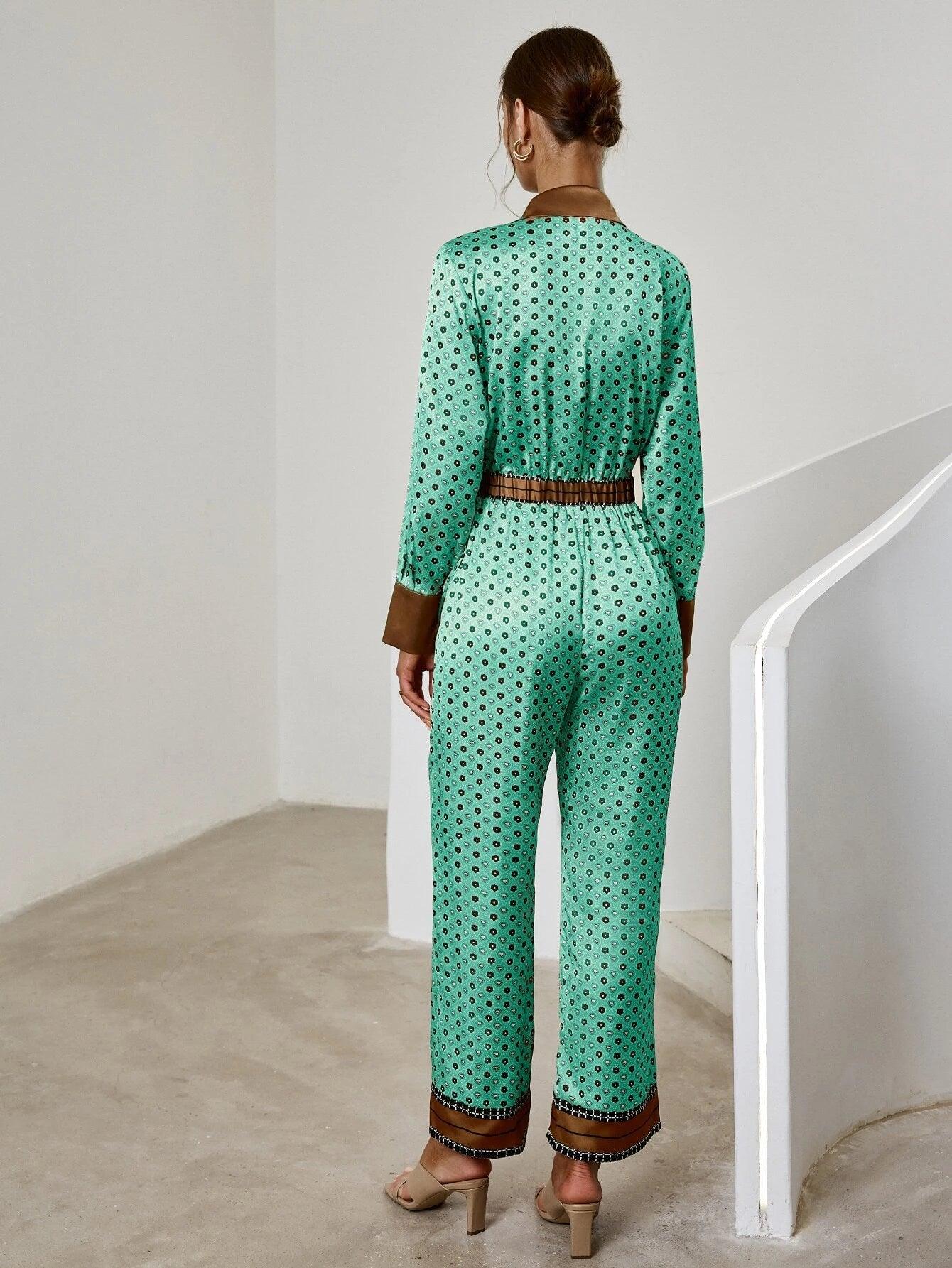Allover Print Shirt Jumpsuit-Comfy Jumpsuits