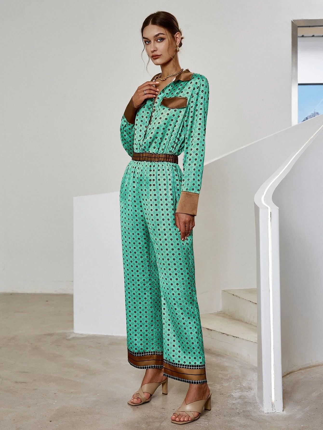 Allover Print Shirt Jumpsuit-Comfy Jumpsuits