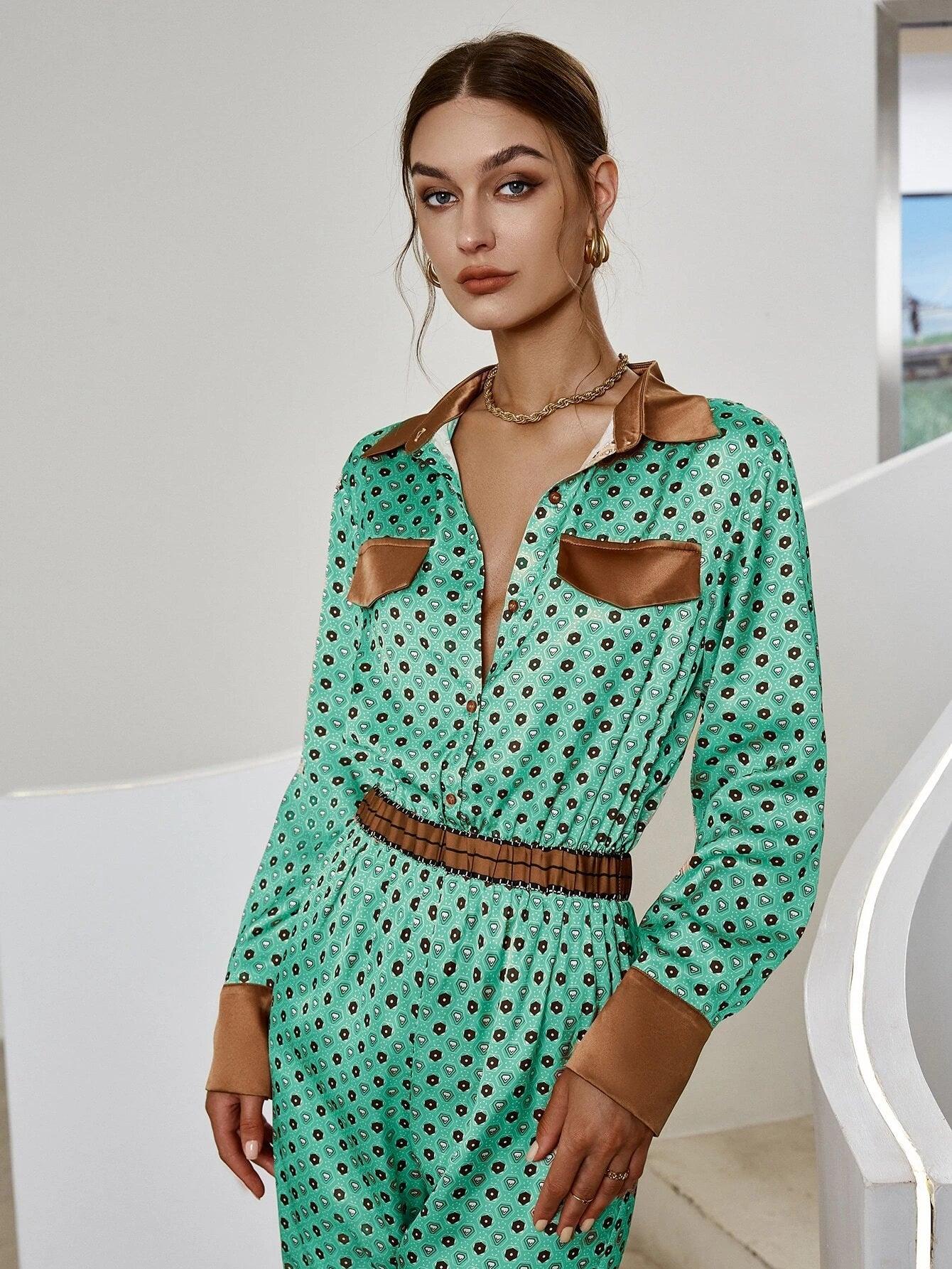 Allover Print Shirt Jumpsuit-Comfy Jumpsuits