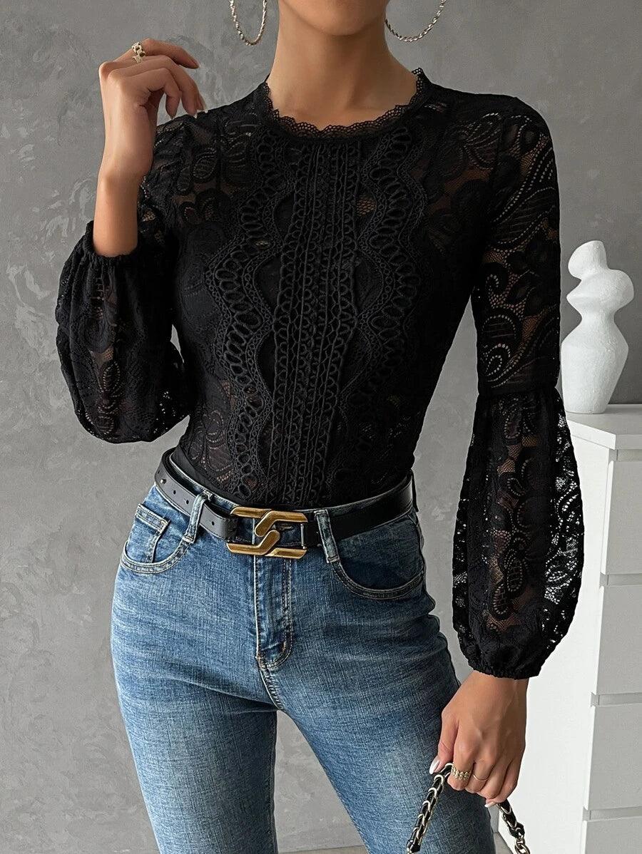 Keyhole Back Lantern Sleeve Guipure Lace Bodysuit-Comfy Jumpsuits