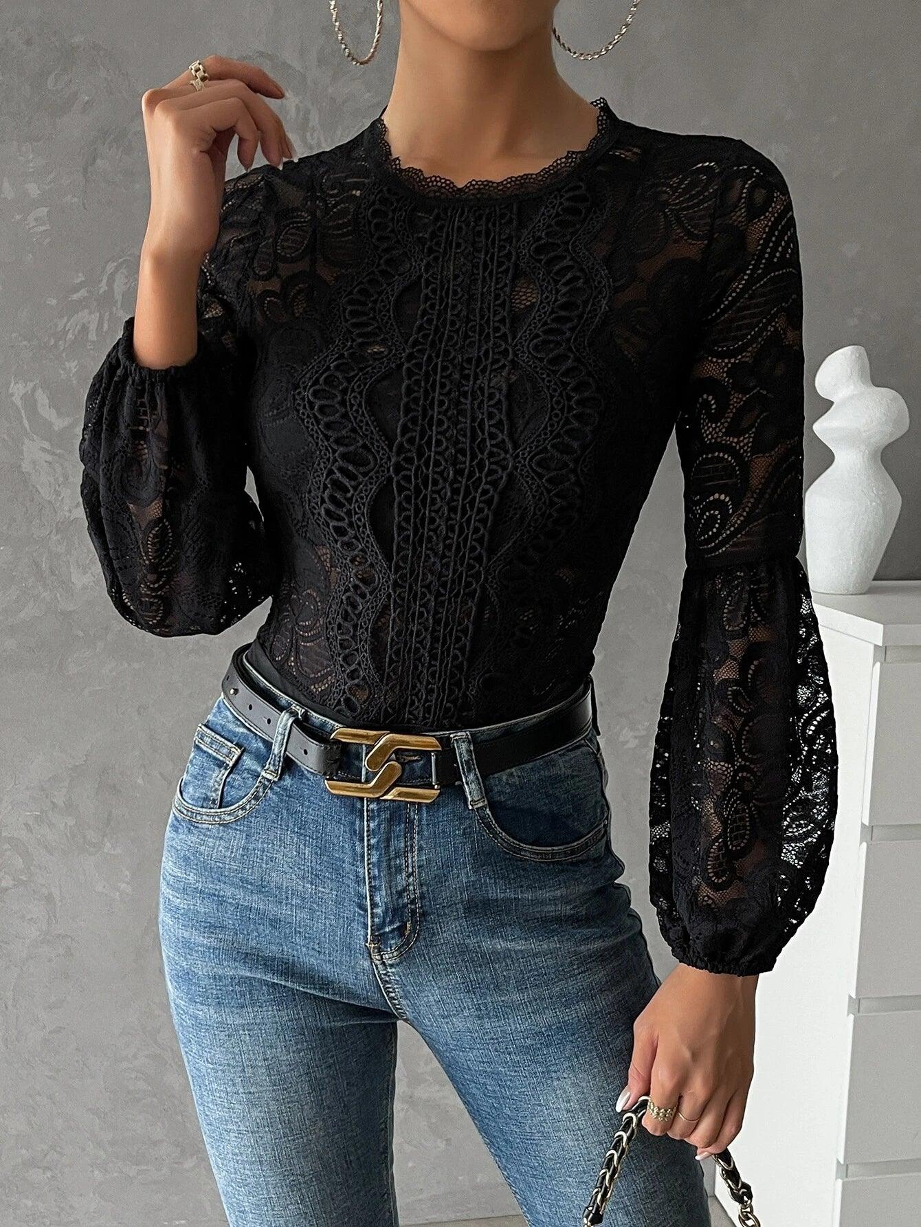 Keyhole Back Lantern Sleeve Guipure Lace Bodysuit-Comfy Jumpsuits
