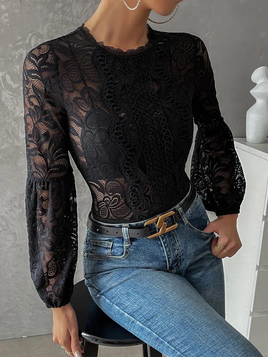 Keyhole Back Lantern Sleeve Guipure Lace Bodysuit-Comfy Jumpsuits