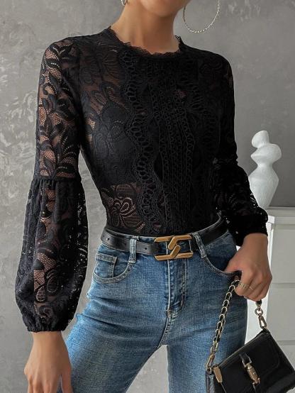 Keyhole Back Lantern Sleeve Guipure Lace Bodysuit-Comfy Jumpsuits