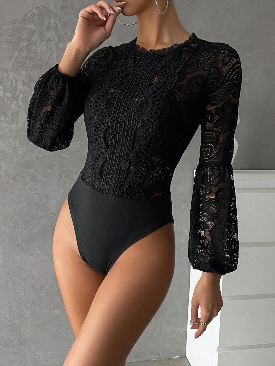 Keyhole Back Lantern Sleeve Guipure Lace Bodysuit-Comfy Jumpsuits