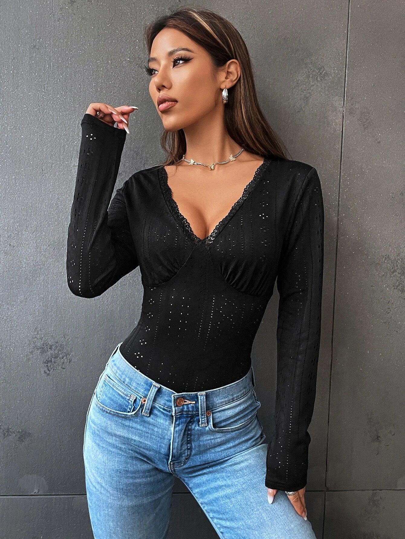 Elegant Lace Embroidered Bodysuit-Comfy Jumpsuits