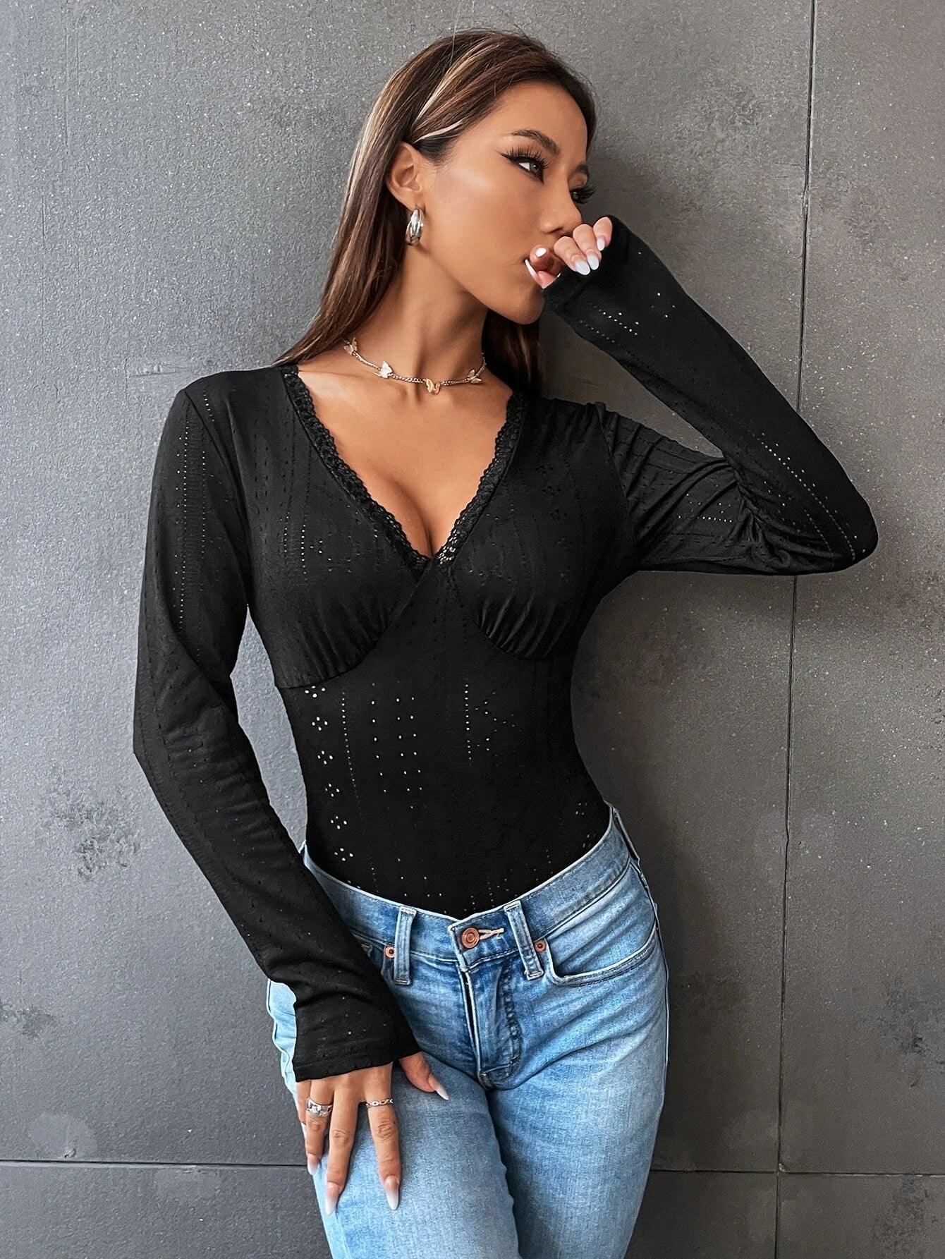 Elegant Lace Embroidered Bodysuit-Comfy Jumpsuits
