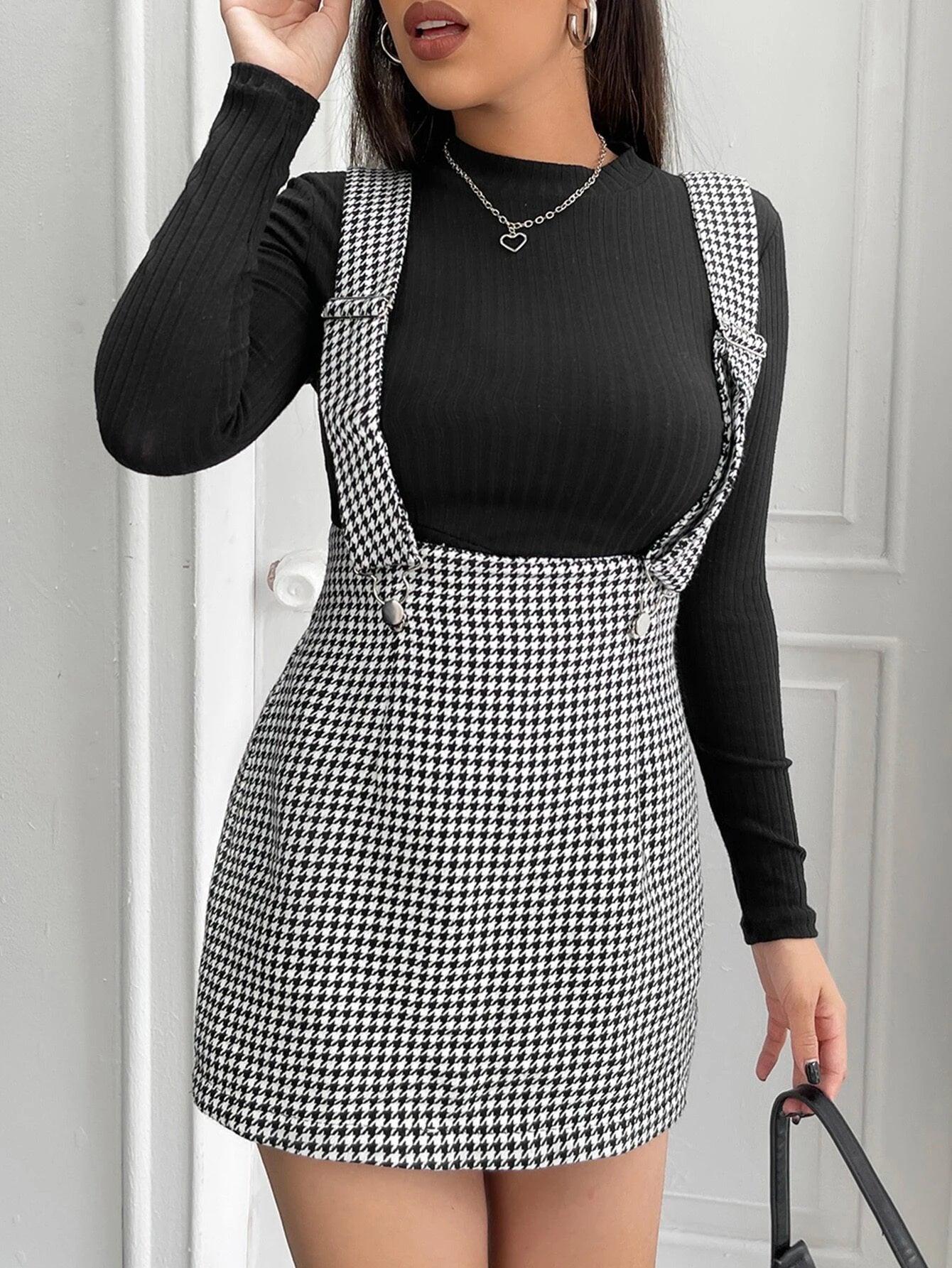 Houndstooth Print Zip Back Romper-Comfy Jumpsuits