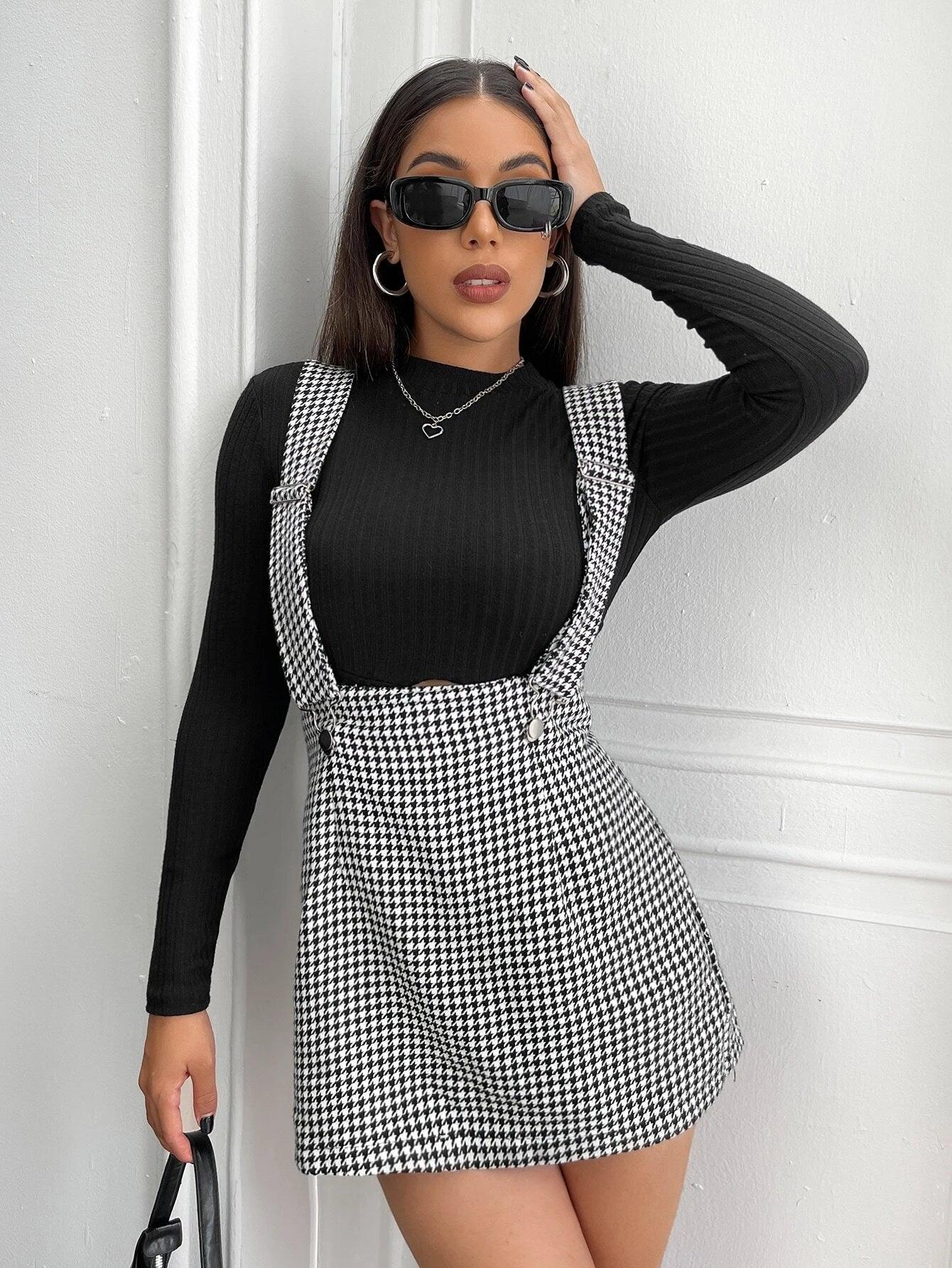Houndstooth Print Zip Back Romper-Comfy Jumpsuits
