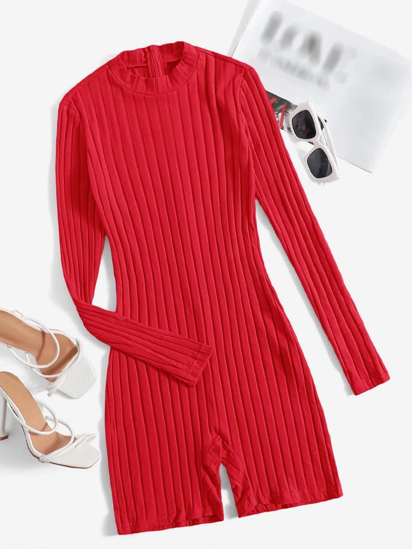 Mock Neck Ribbed Knit Romper-Comfy Jumpsuits