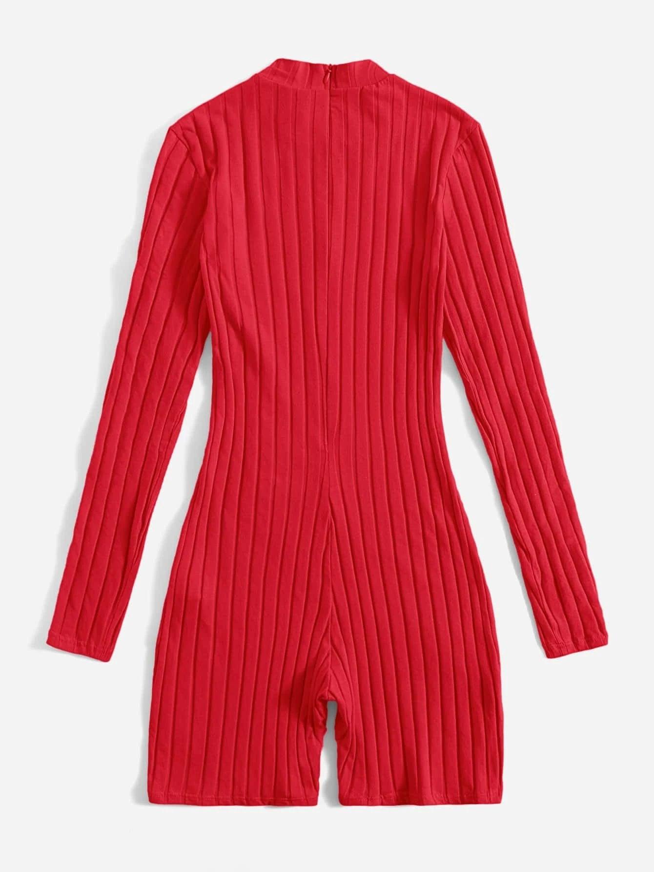 Mock Neck Ribbed Knit Romper-Comfy Jumpsuits