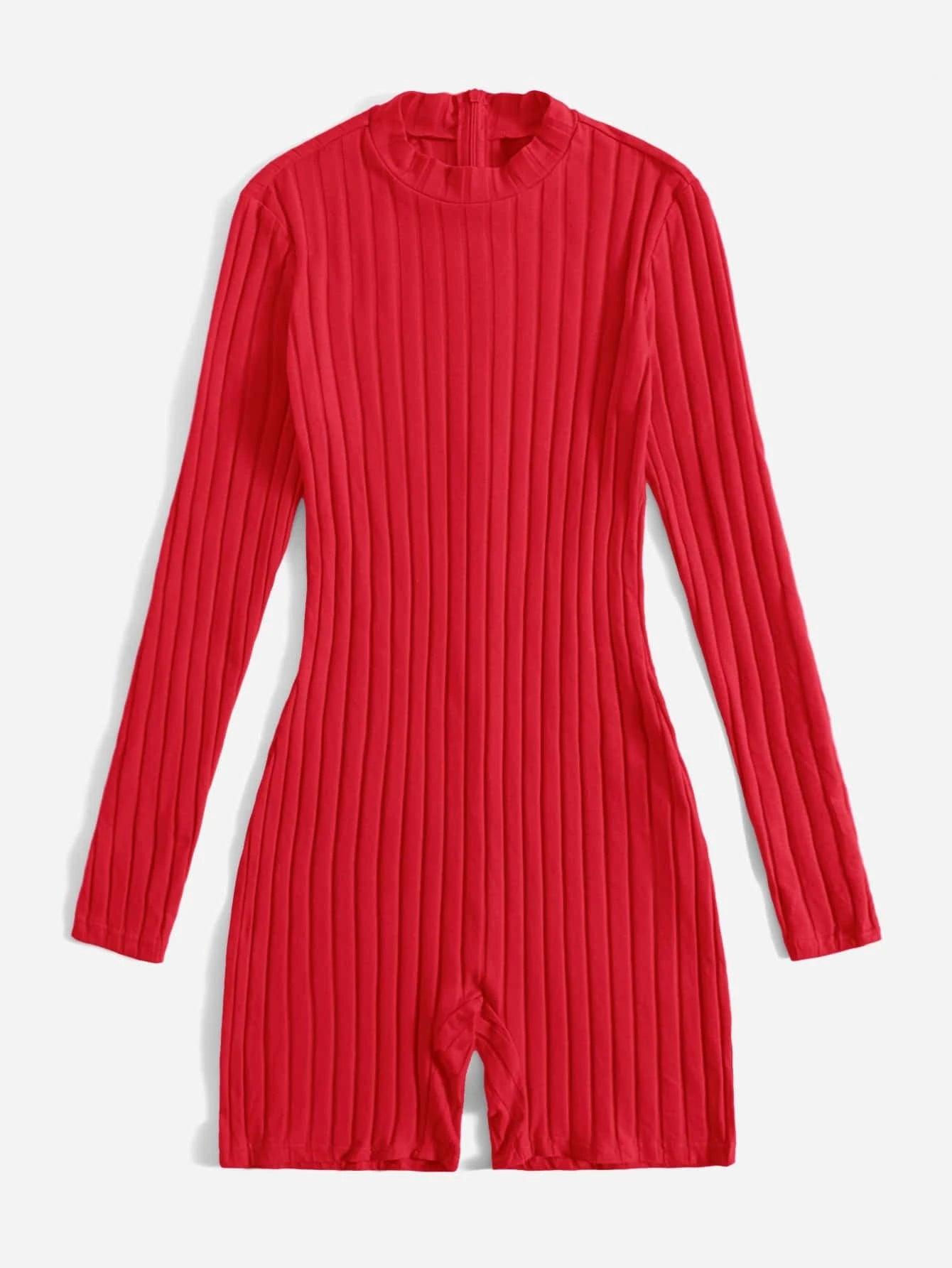 Mock Neck Ribbed Knit Romper-Comfy Jumpsuits