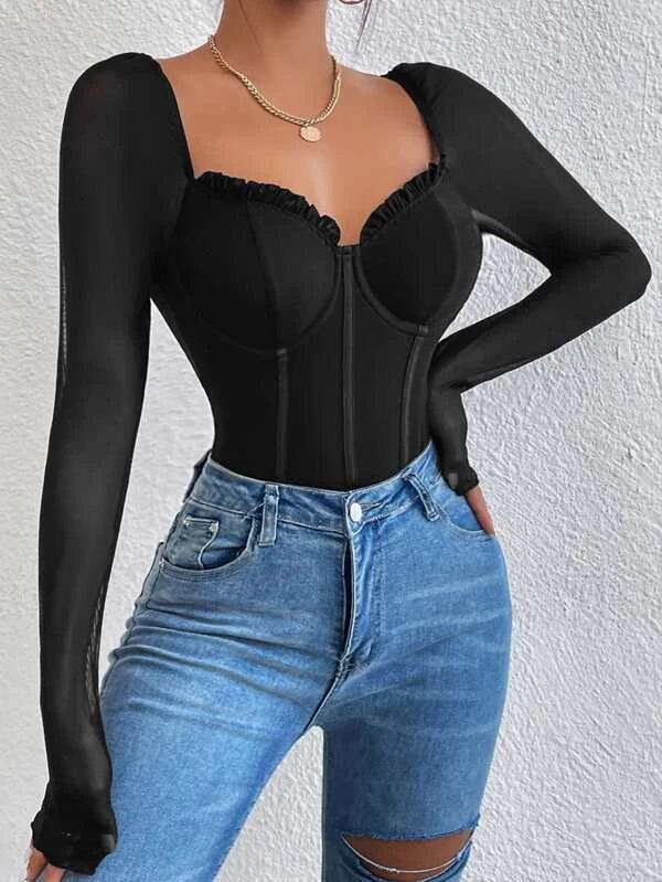 Frill Bustier Casual Long Sleeve Mesh Bodysuit-Comfy Jumpsuits