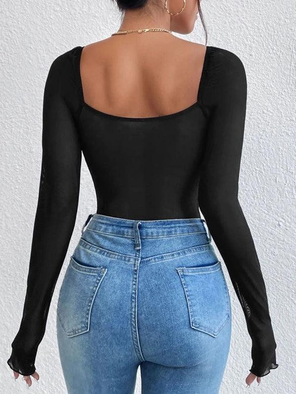 Frill Bustier Casual Long Sleeve Mesh Bodysuit-Comfy Jumpsuits