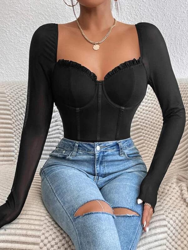 Frill Bustier Casual Long Sleeve Mesh Bodysuit-Comfy Jumpsuits