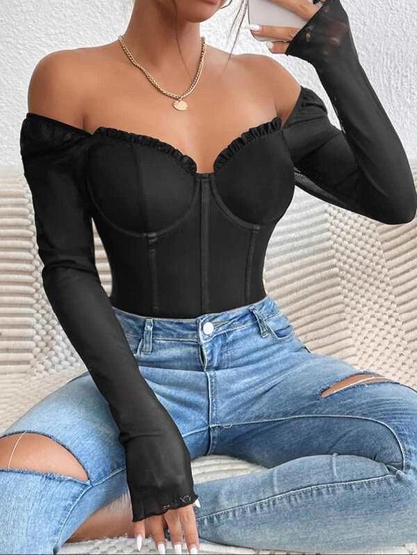 Frill Bustier Casual Long Sleeve Mesh Bodysuit-Comfy Jumpsuits