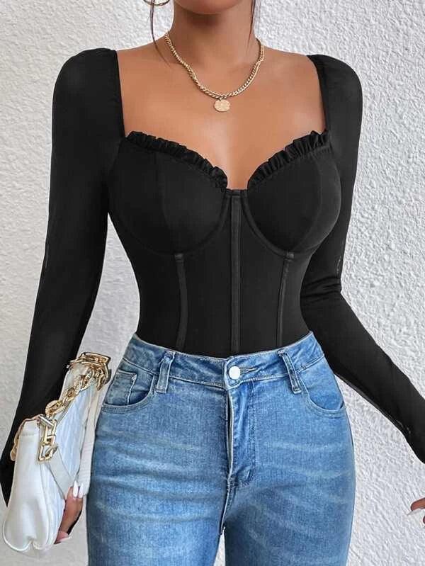 Frill Bustier Casual Long Sleeve Mesh Bodysuit-Comfy Jumpsuits