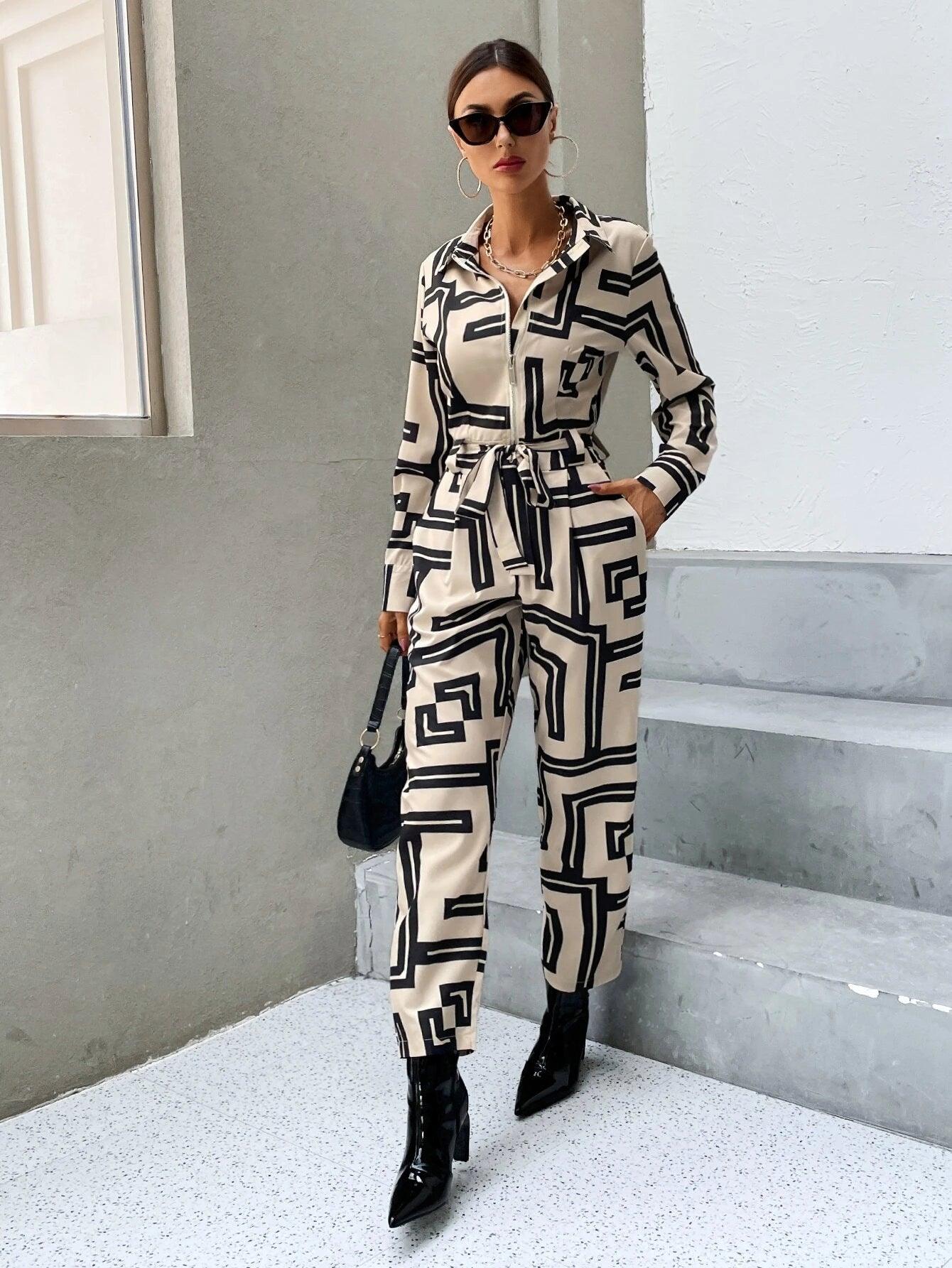 Print Zipper Belted Shirt Jumpsuit-Comfy Jumpsuits