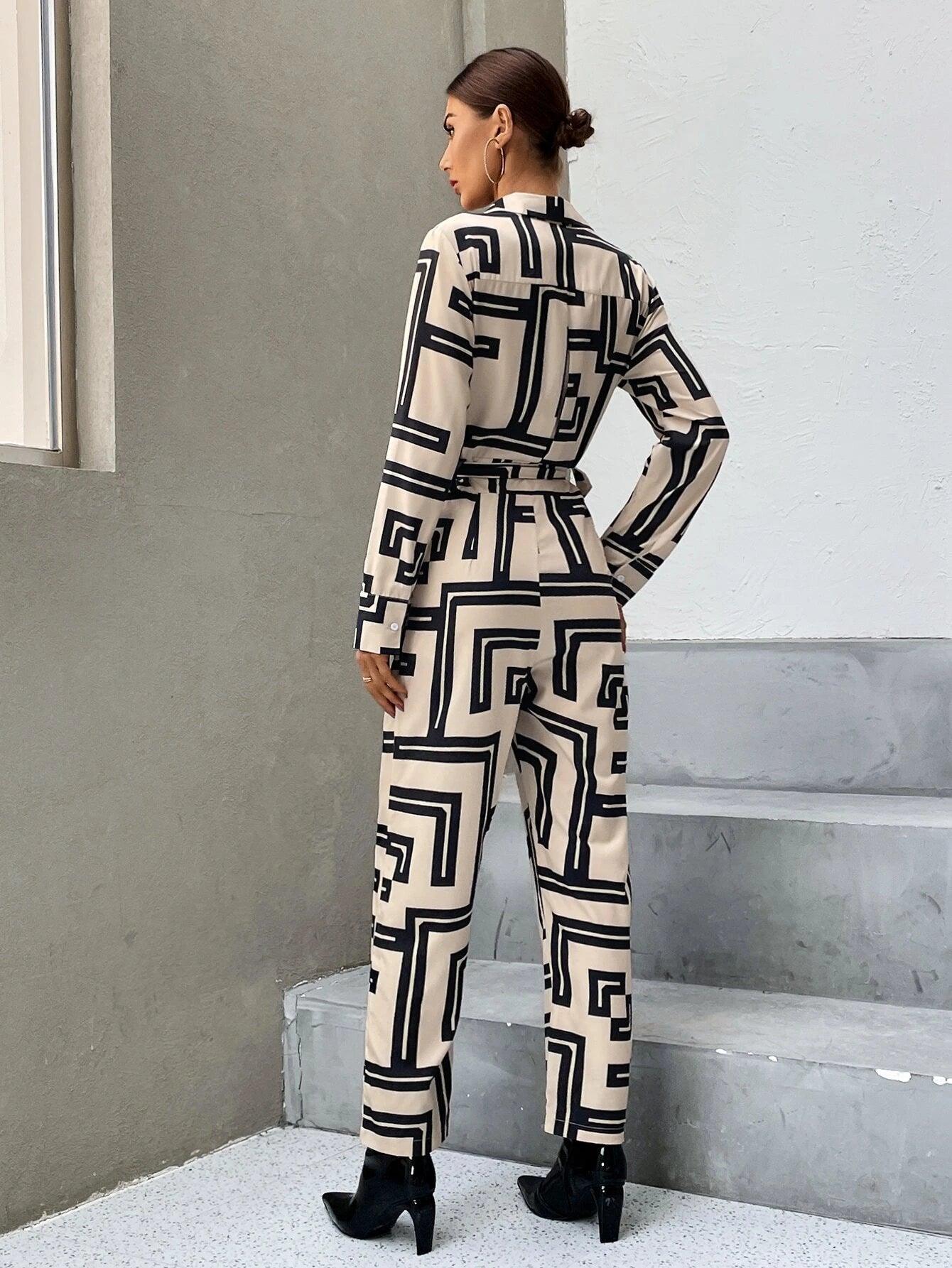 Print Zipper Belted Shirt Jumpsuit-Comfy Jumpsuits