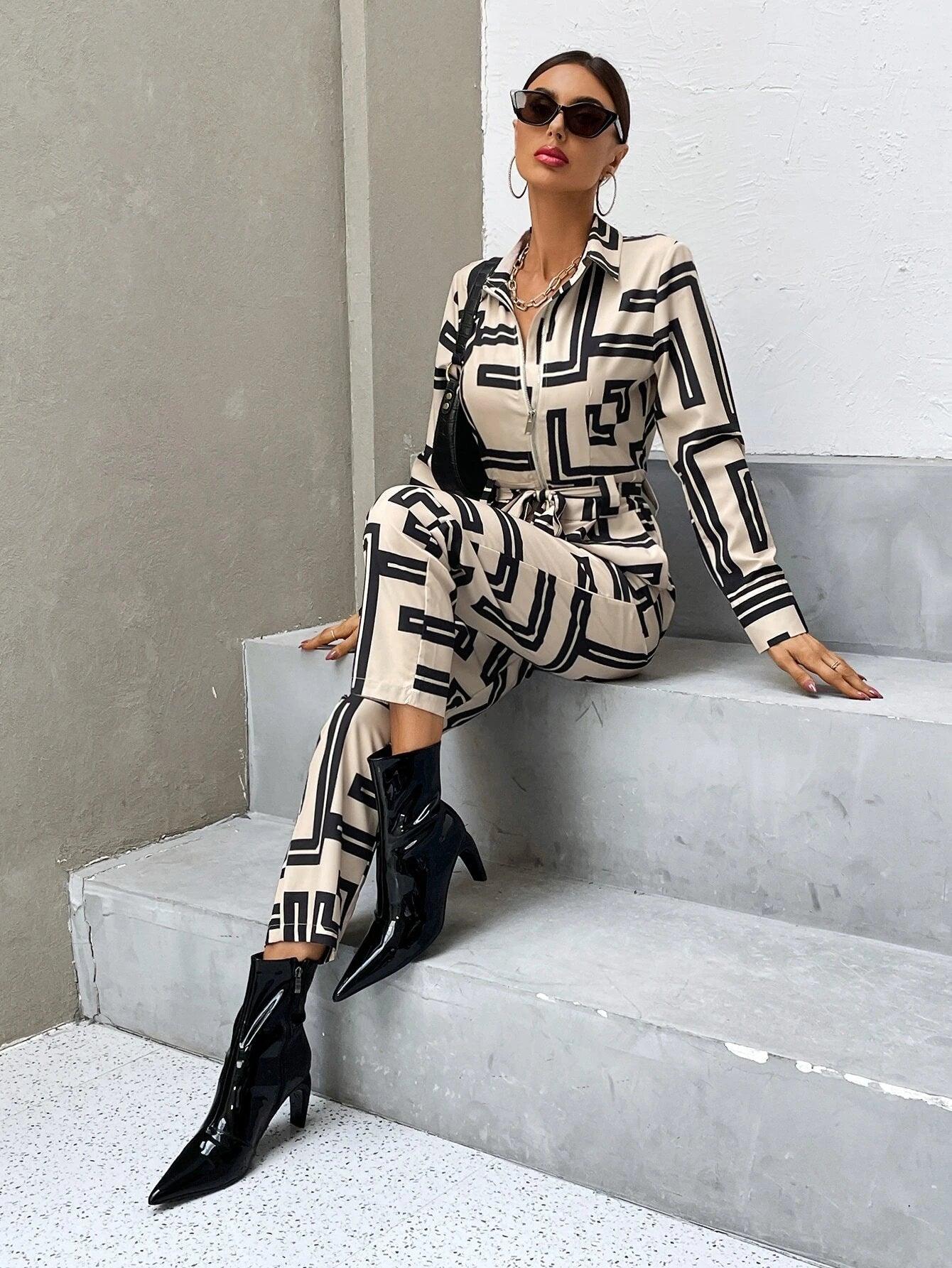 Print Zipper Belted Shirt Jumpsuit-Comfy Jumpsuits