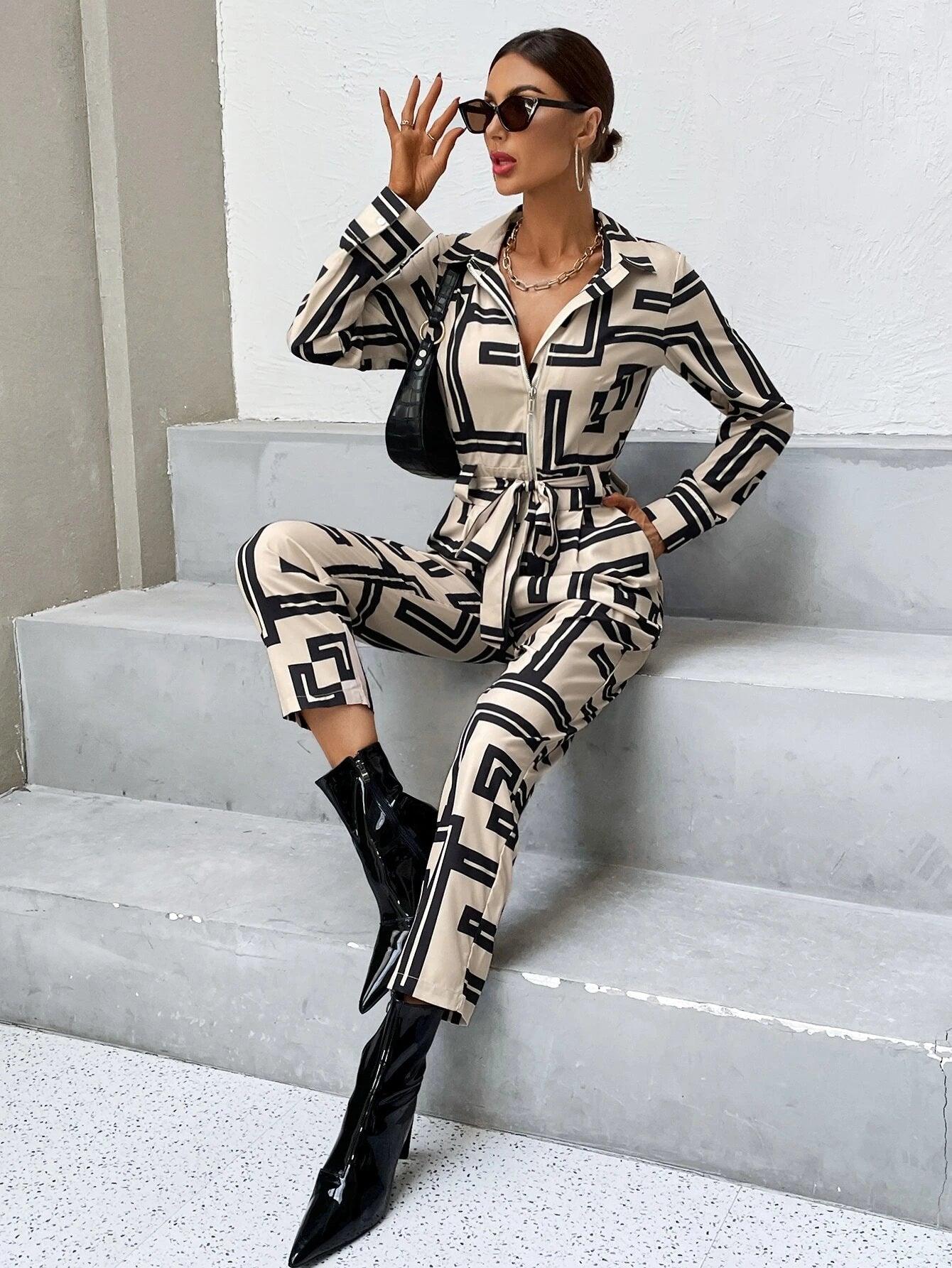 Print Zipper Belted Shirt Jumpsuit-Comfy Jumpsuits