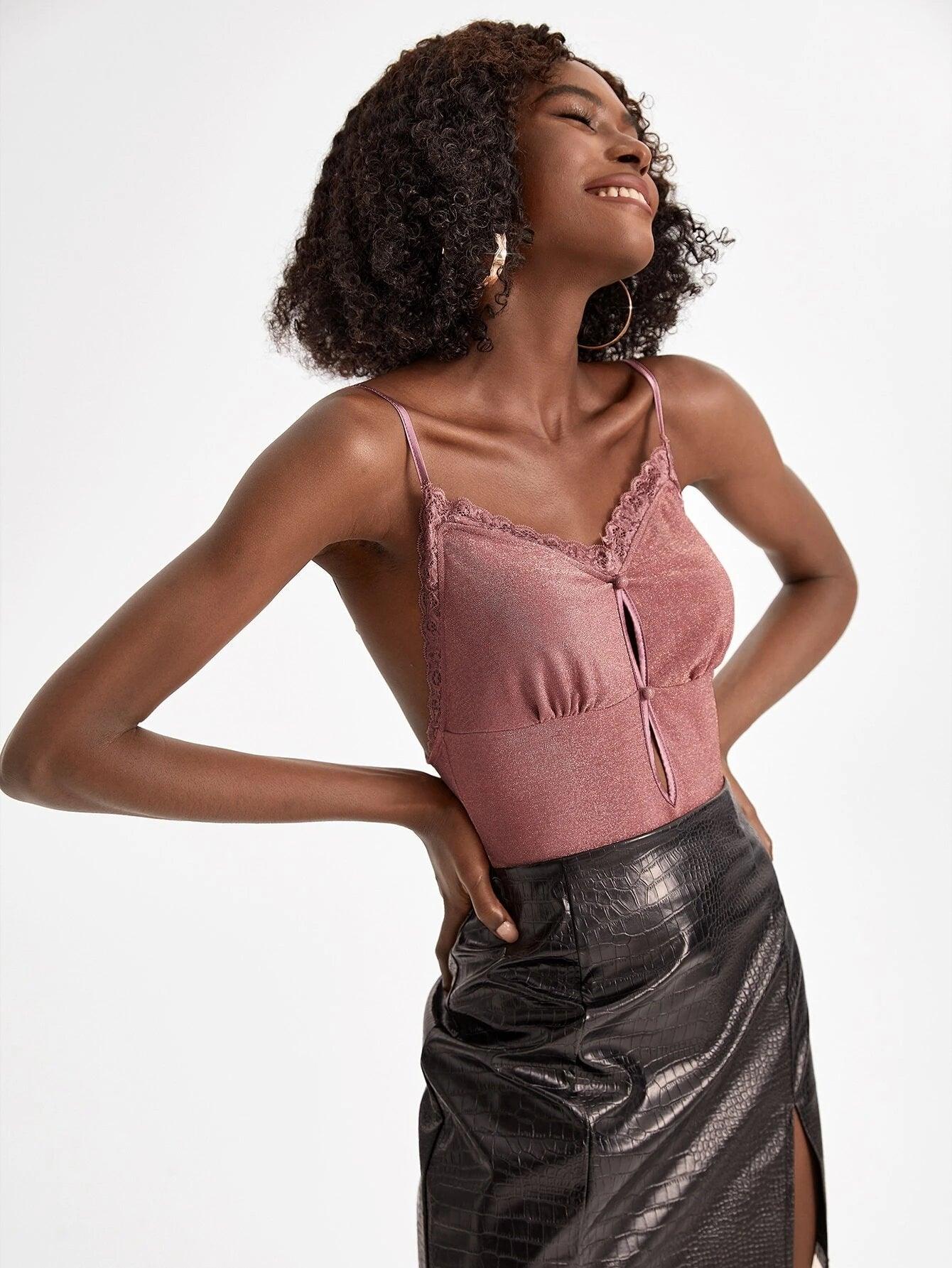 Lace Cut Out Cami Bodysuit-Comfy Jumpsuits