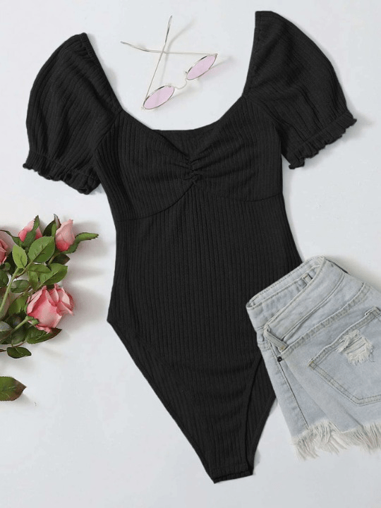 Frilled Puff Sleeved Bodysuit-Comfy Jumpsuits