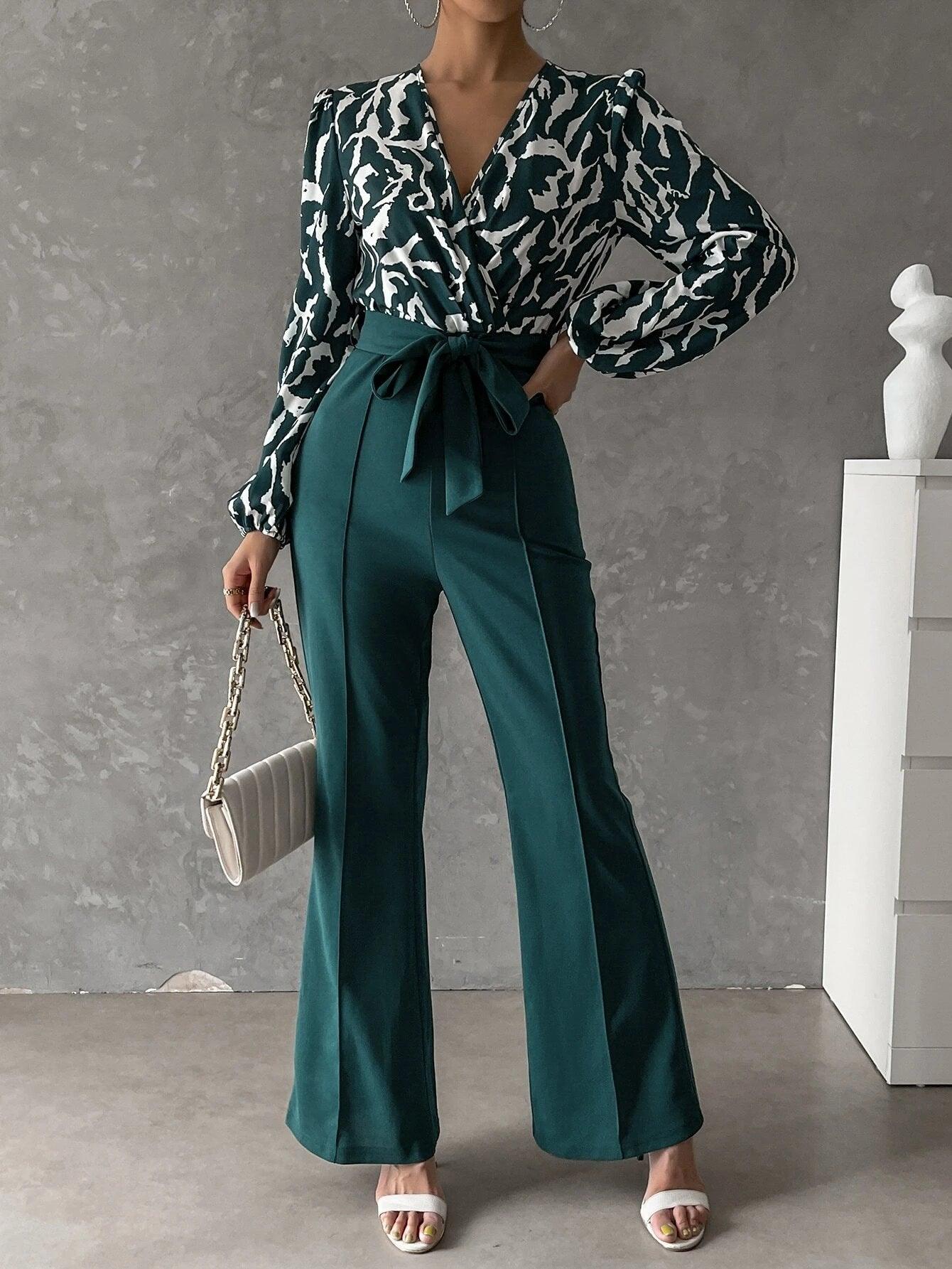 Bishop Sleeved Flared Bottom Jumpsuit With Belt-Comfy Jumpsuits