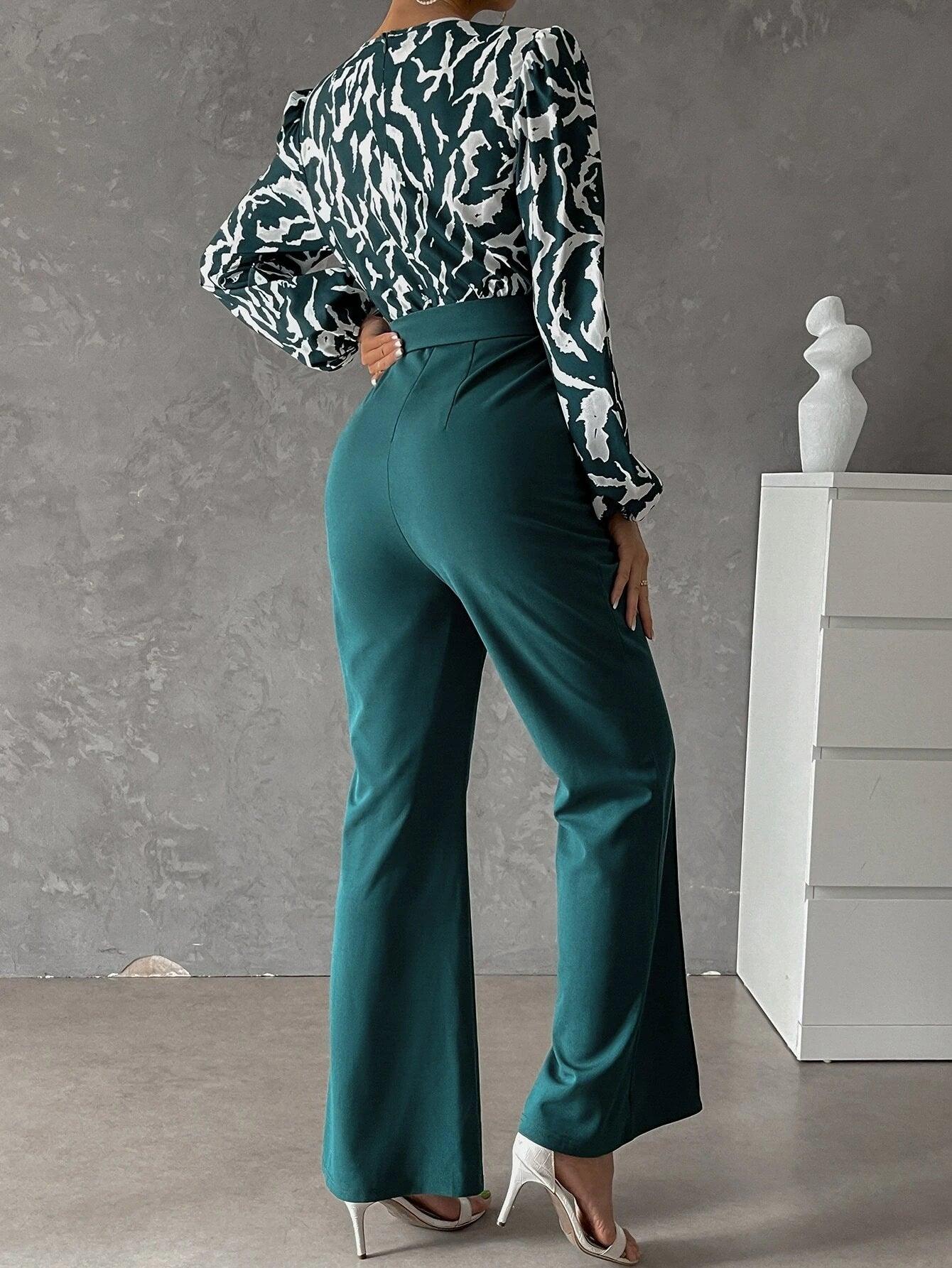 Bishop Sleeved Flared Bottom Jumpsuit With Belt-Comfy Jumpsuits