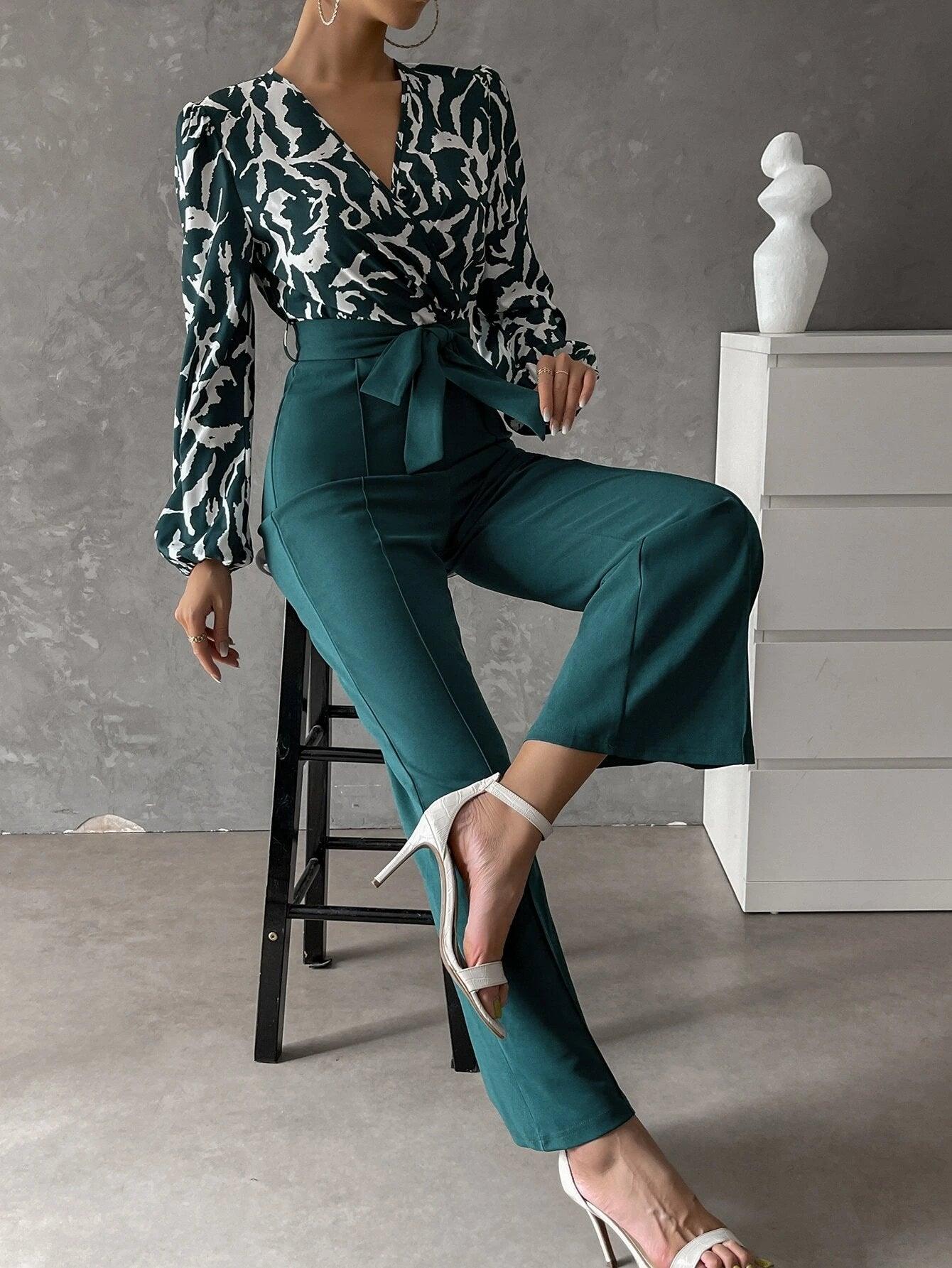 Bishop Sleeved Flared Bottom Jumpsuit With Belt-Comfy Jumpsuits