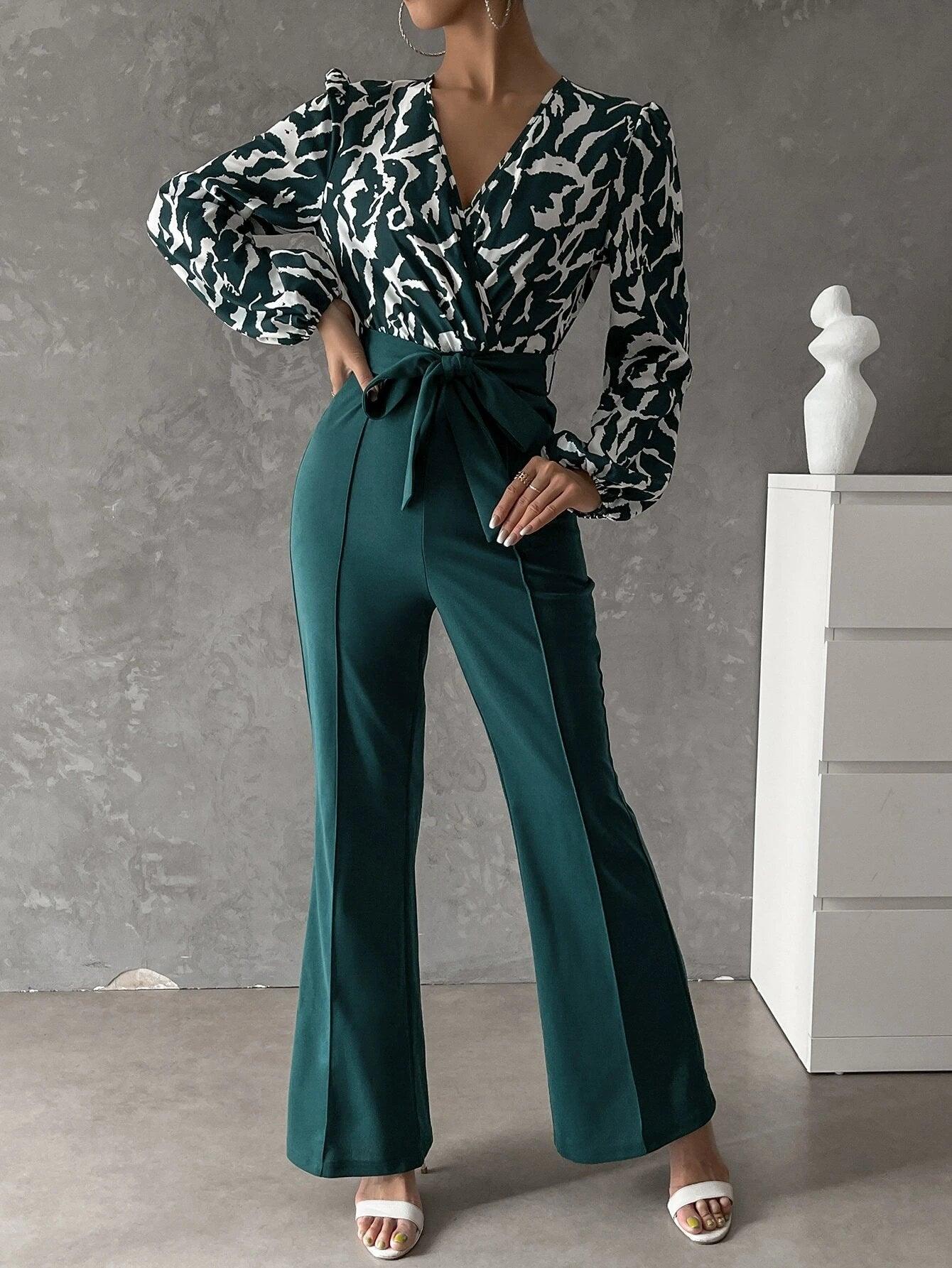 Bishop Sleeved Flared Bottom Jumpsuit With Belt-Comfy Jumpsuits