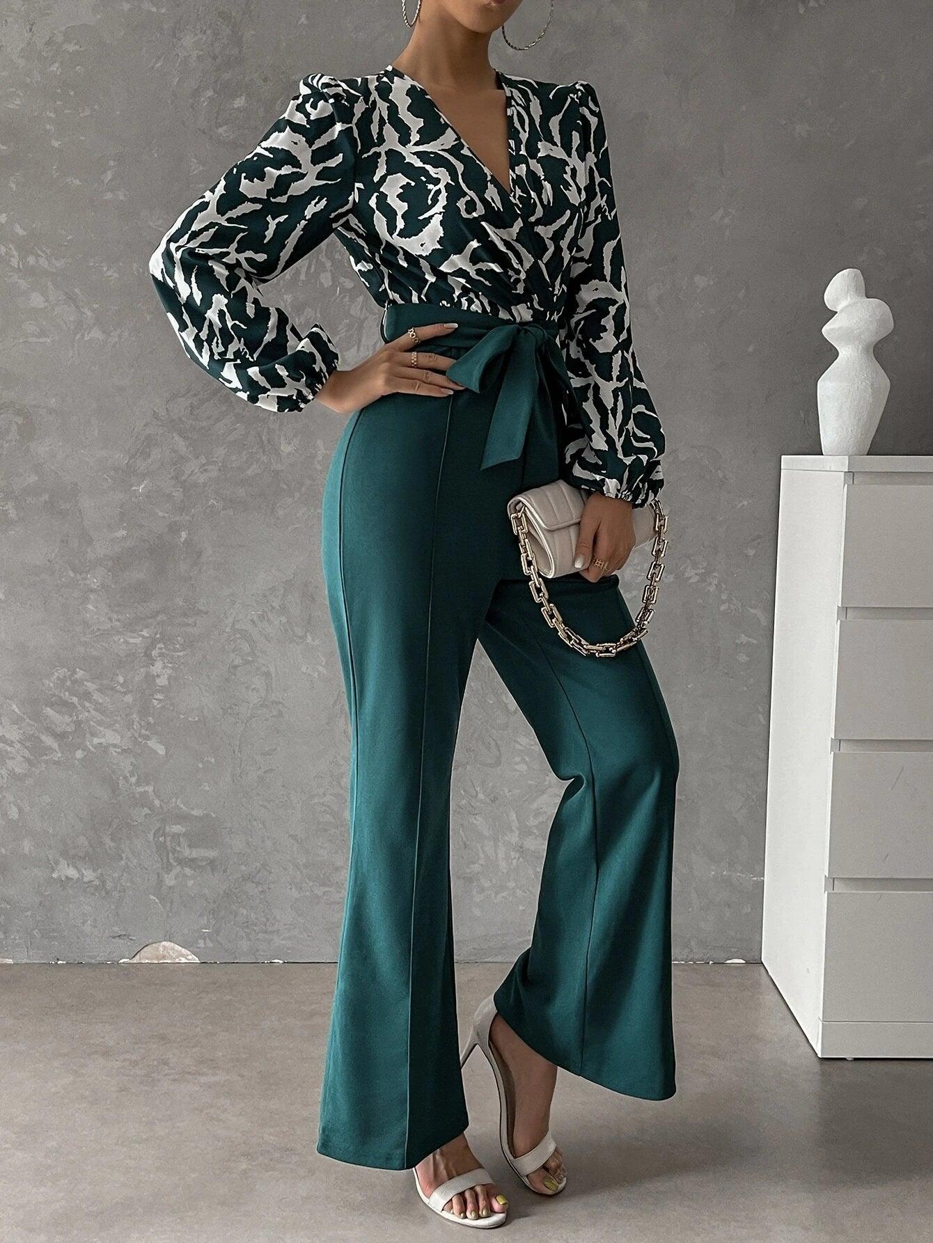 Bishop Sleeved Flared Bottom Jumpsuit With Belt-Comfy Jumpsuits
