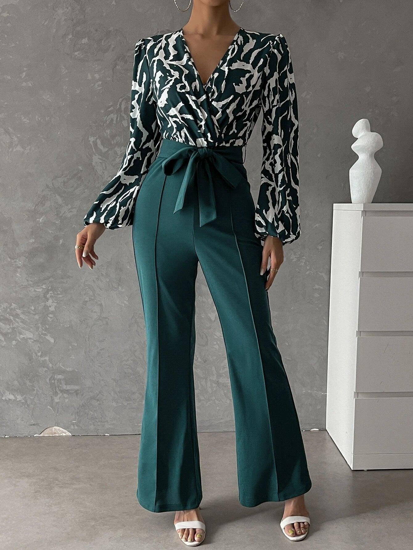 Bishop Sleeved Flared Bottom Jumpsuit With Belt-Comfy Jumpsuits