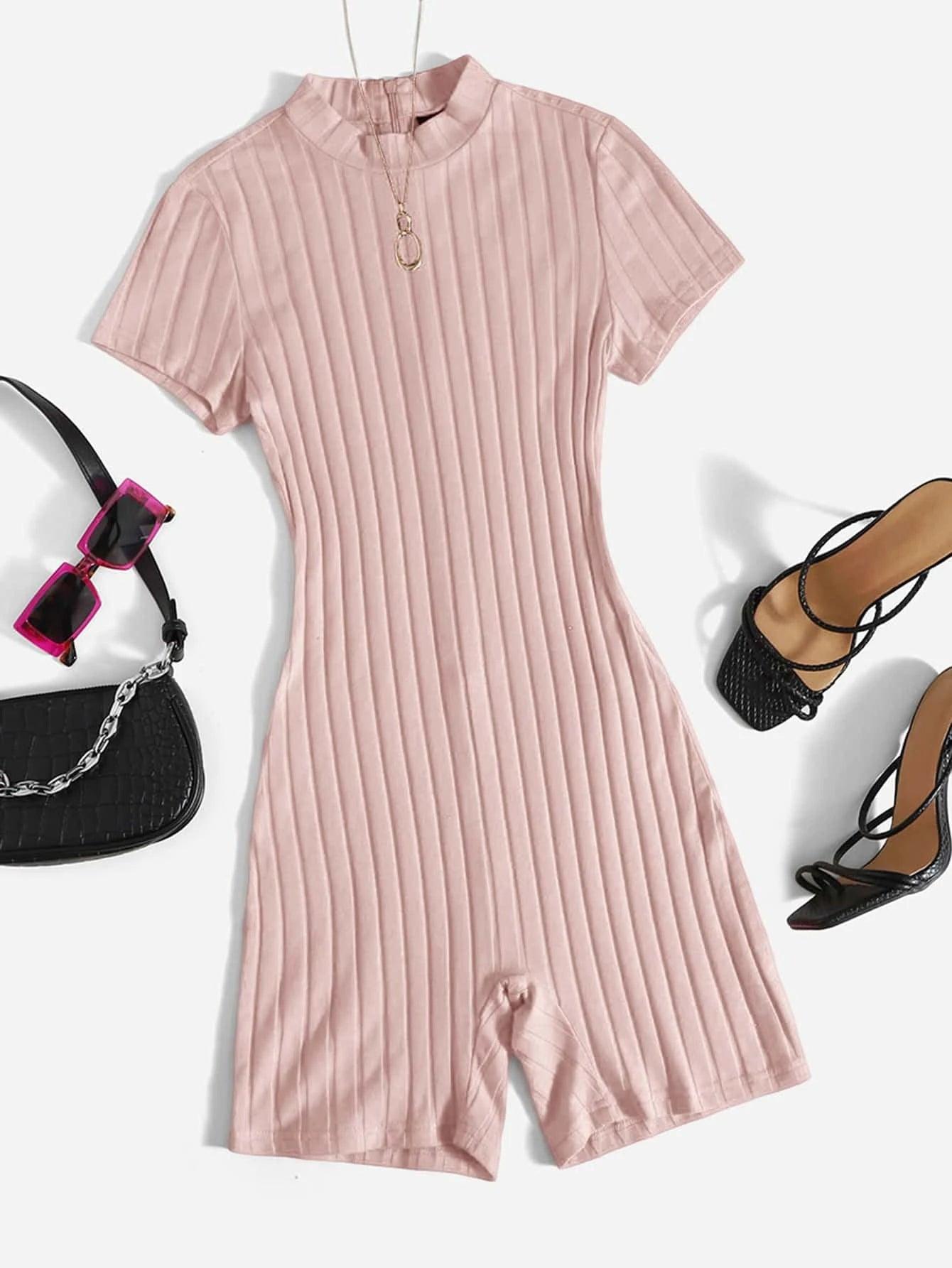 Mock Neck Rib-knit Unitard Romper-Comfy Jumpsuits