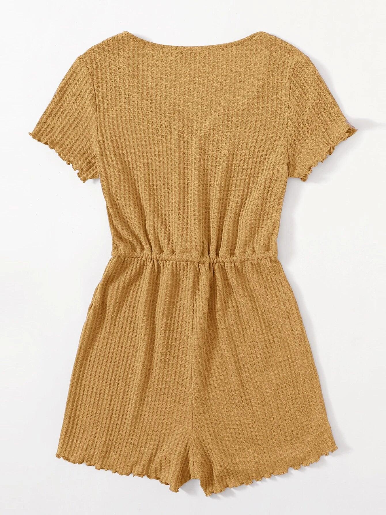 Notched Neck Lettuce Trim Romper-Comfy Jumpsuits