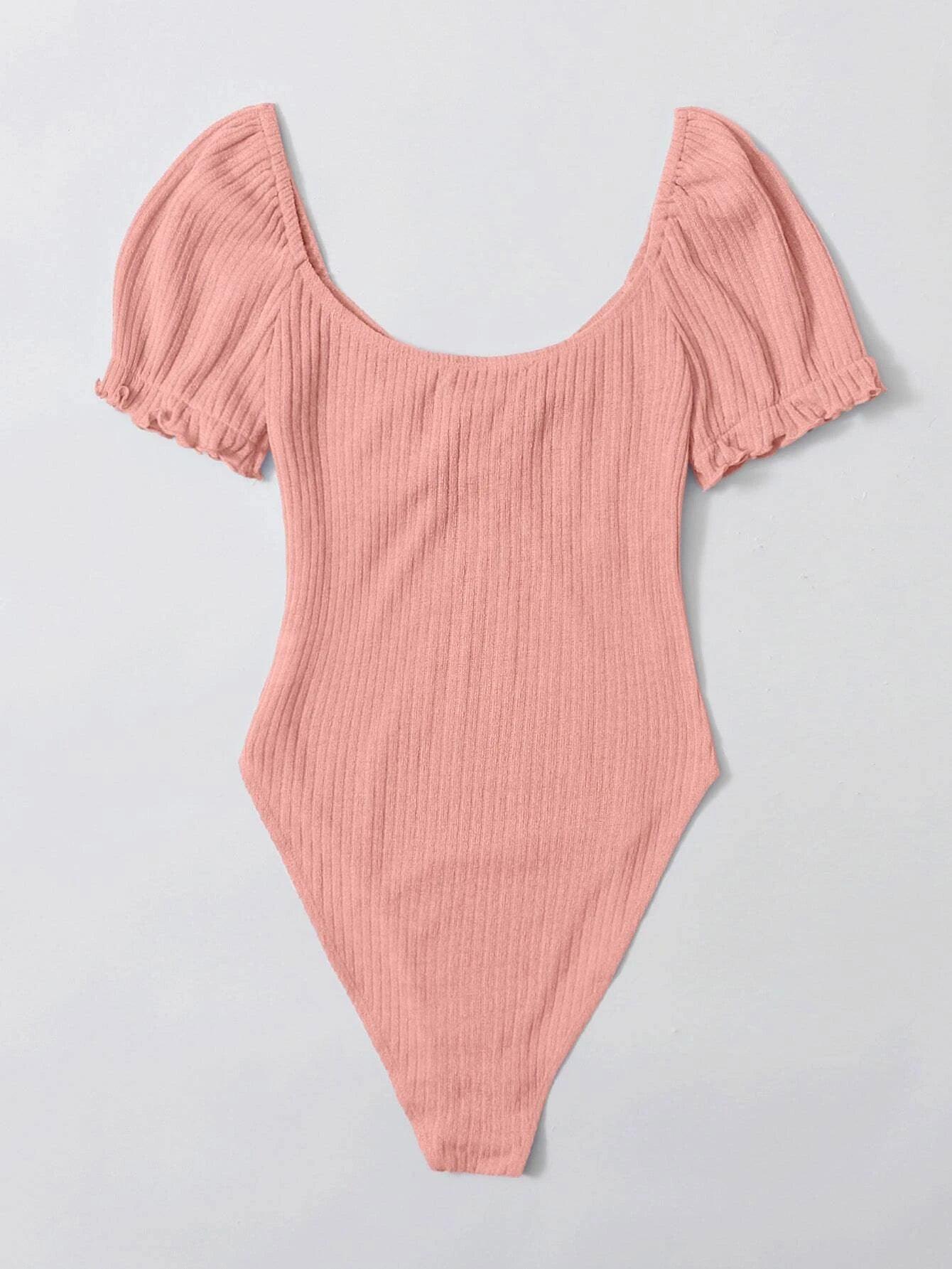 Frilled Puff Sleeved Bodysuit-Comfy Jumpsuits