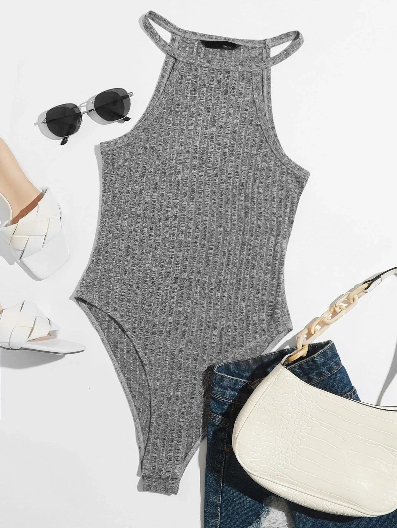 Solid Colored Sleeveless Halter Neck Bodysuit-Comfy Jumpsuits