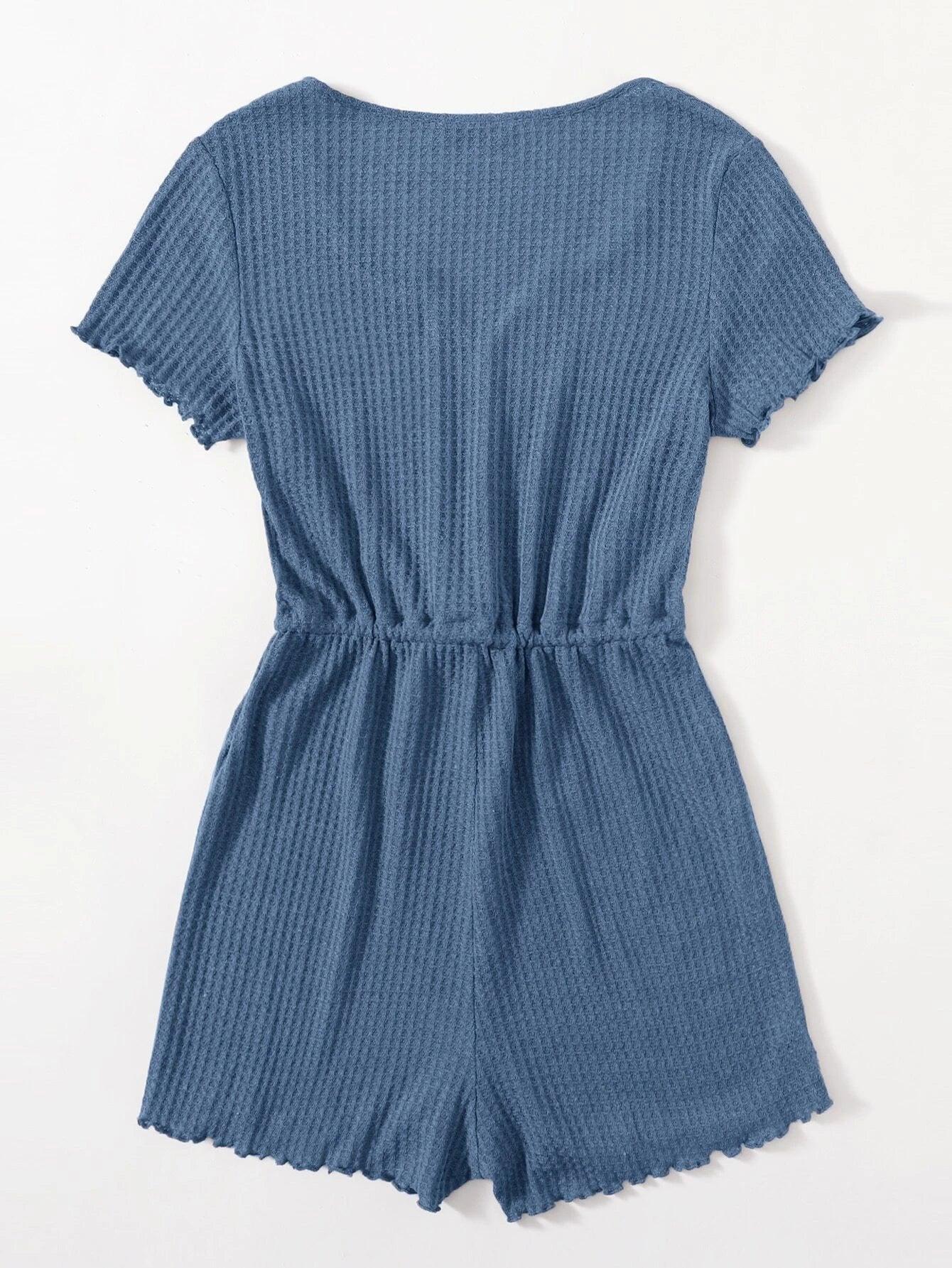 Notched Neck Lettuce Trim Romper-Comfy Jumpsuits