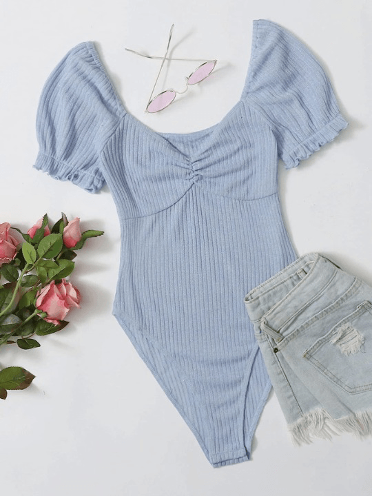 Frilled Puff Sleeved Bodysuit-Comfy Jumpsuits