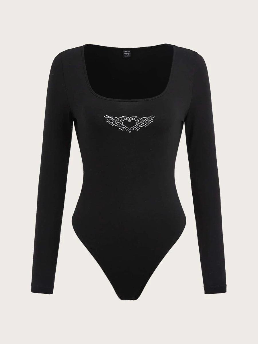 Rhinestone And Wings Pattern Square Neck Bodysuit-Comfy Jumpsuits