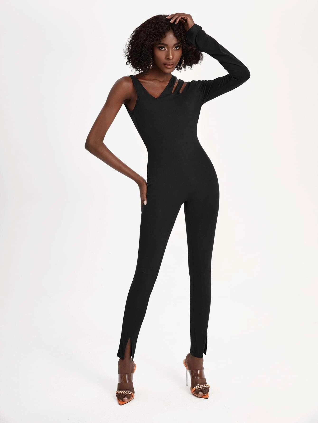 Asymmetrical Neckline Split Hem Unitard Jumpsuit-Comfy Jumpsuits