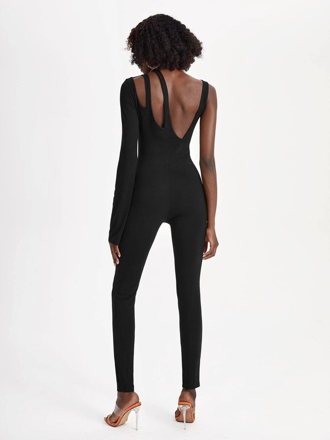 Asymmetrical Neckline Split Hem Unitard Jumpsuit-Comfy Jumpsuits