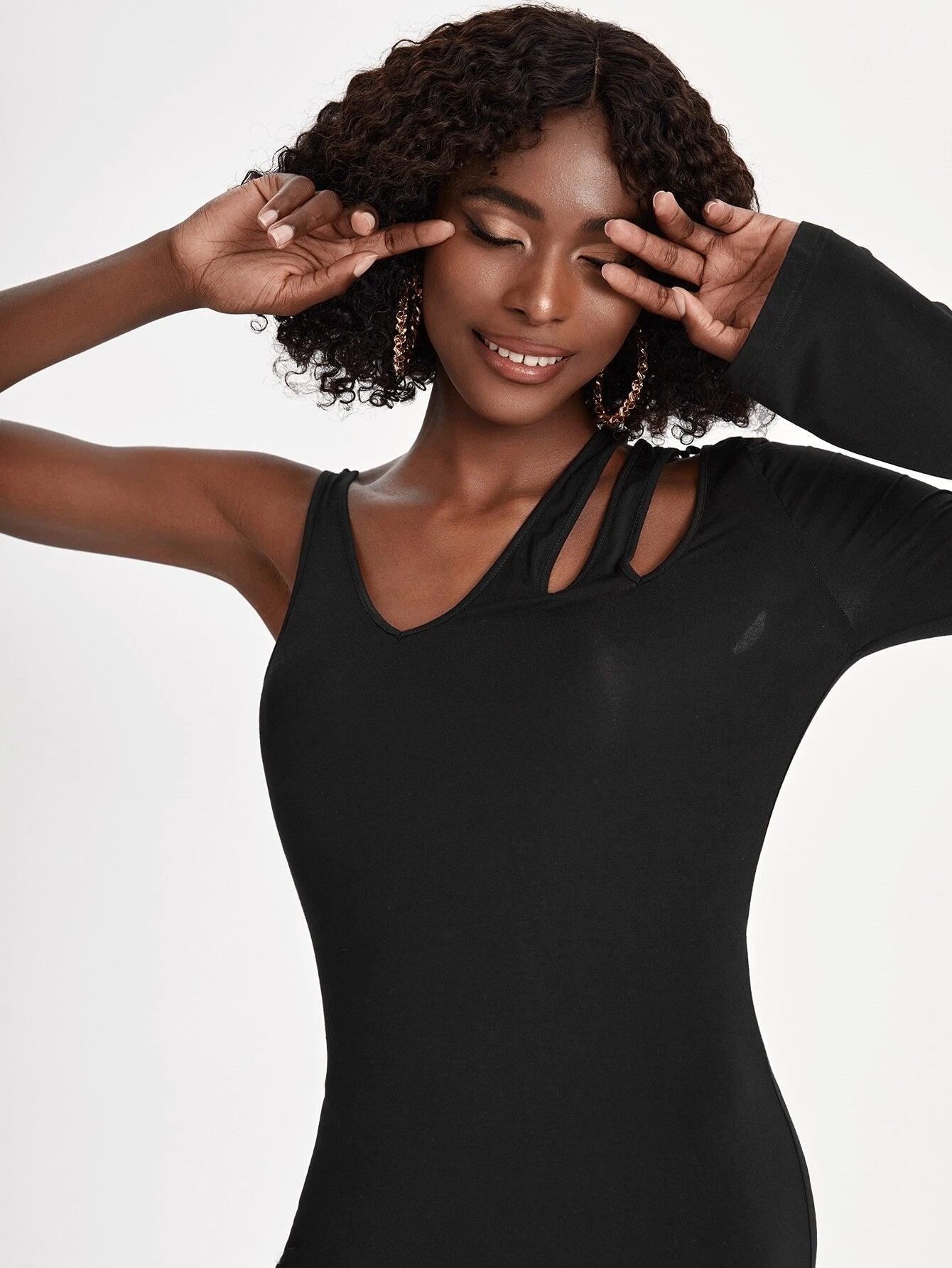 Asymmetrical Neckline Split Hem Unitard Jumpsuit-Comfy Jumpsuits