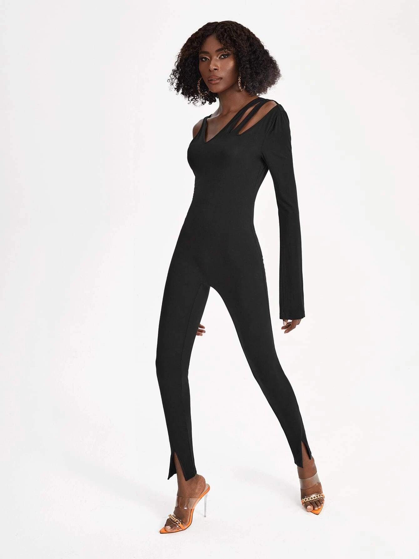 Asymmetrical Neckline Split Hem Unitard Jumpsuit-Comfy Jumpsuits