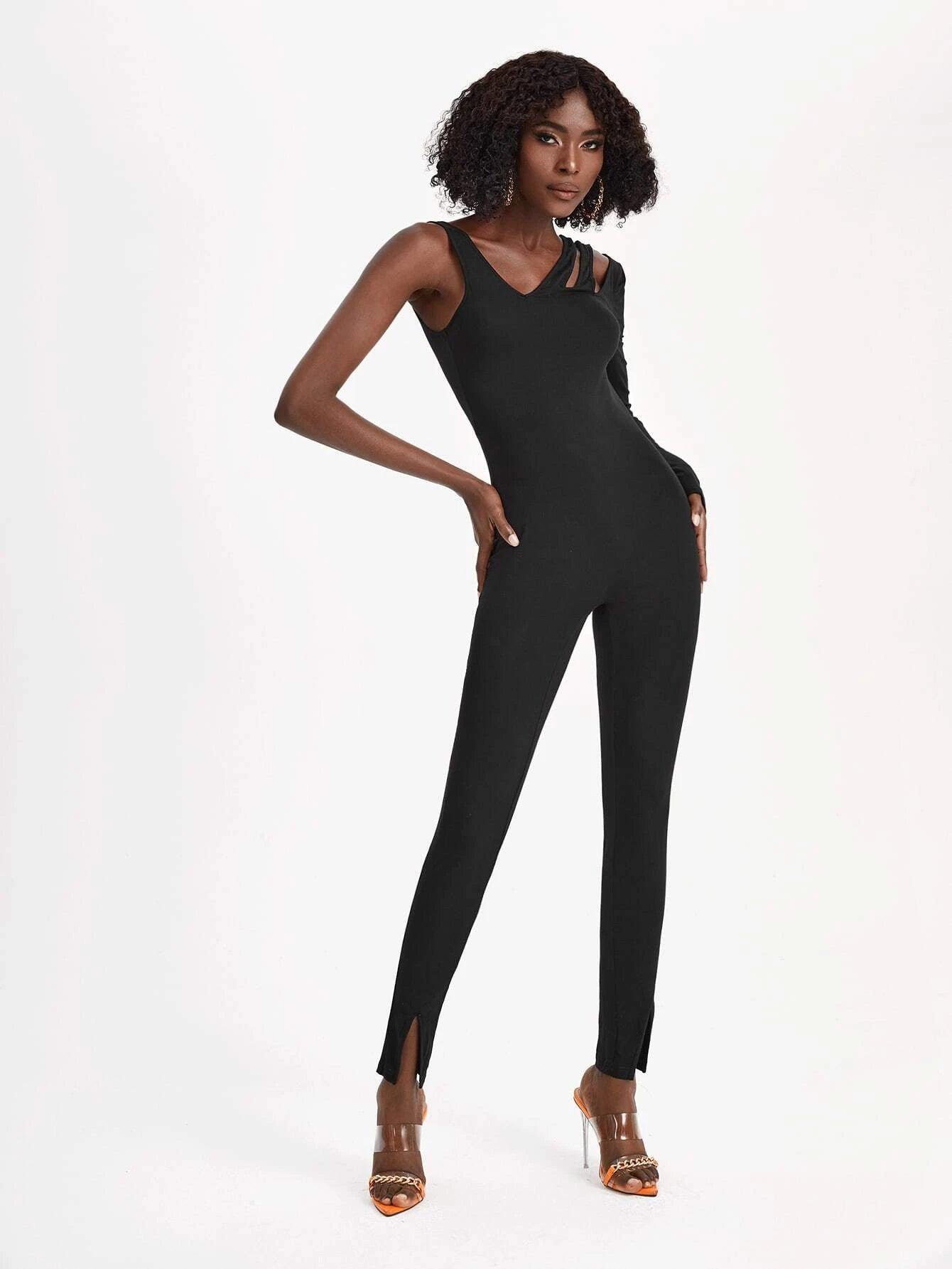 Asymmetrical Neckline Split Hem Unitard Jumpsuit-Comfy Jumpsuits