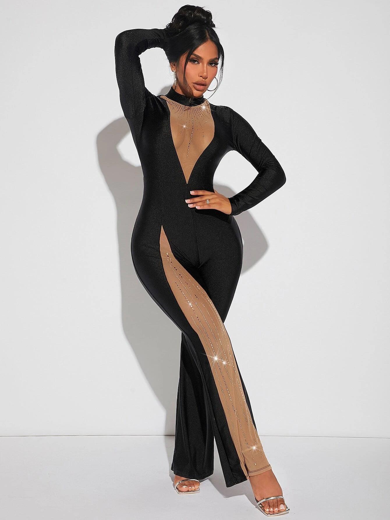 Rhinestone Detailed Mock Neck Jumpsuit-Comfy Jumpsuits