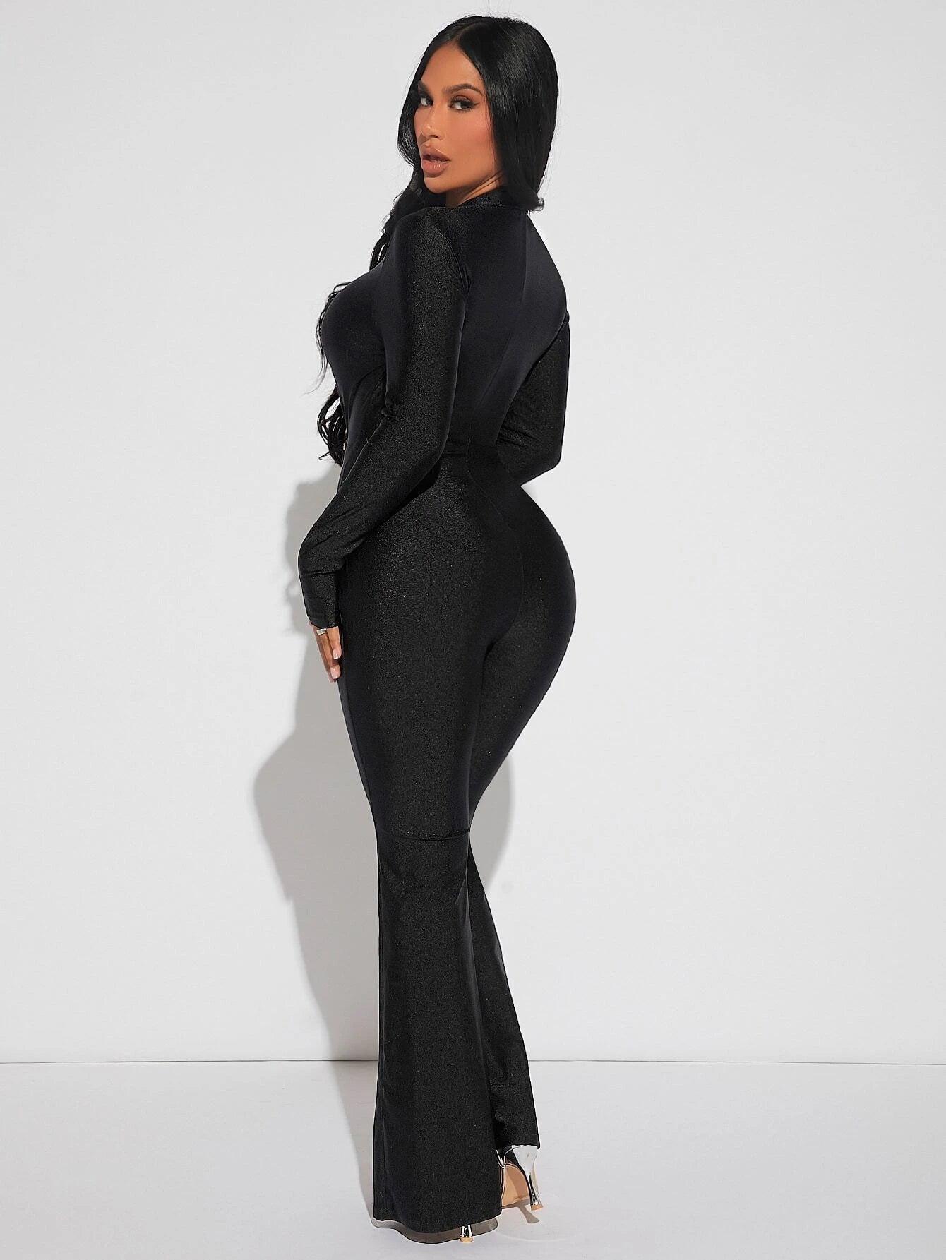 Rhinestone Detailed Mock Neck Jumpsuit-Comfy Jumpsuits