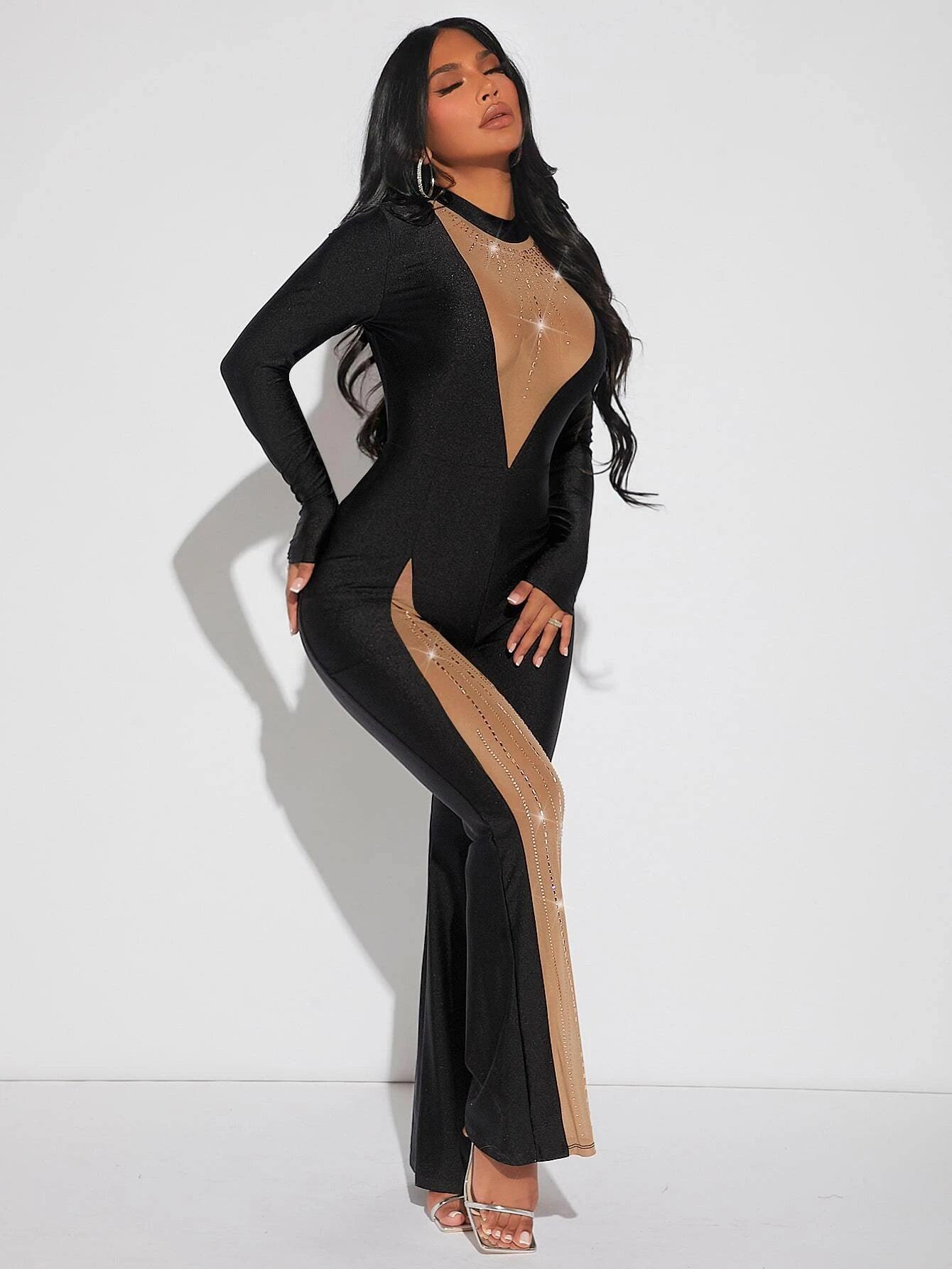 Rhinestone Detailed Mock Neck Jumpsuit-Comfy Jumpsuits